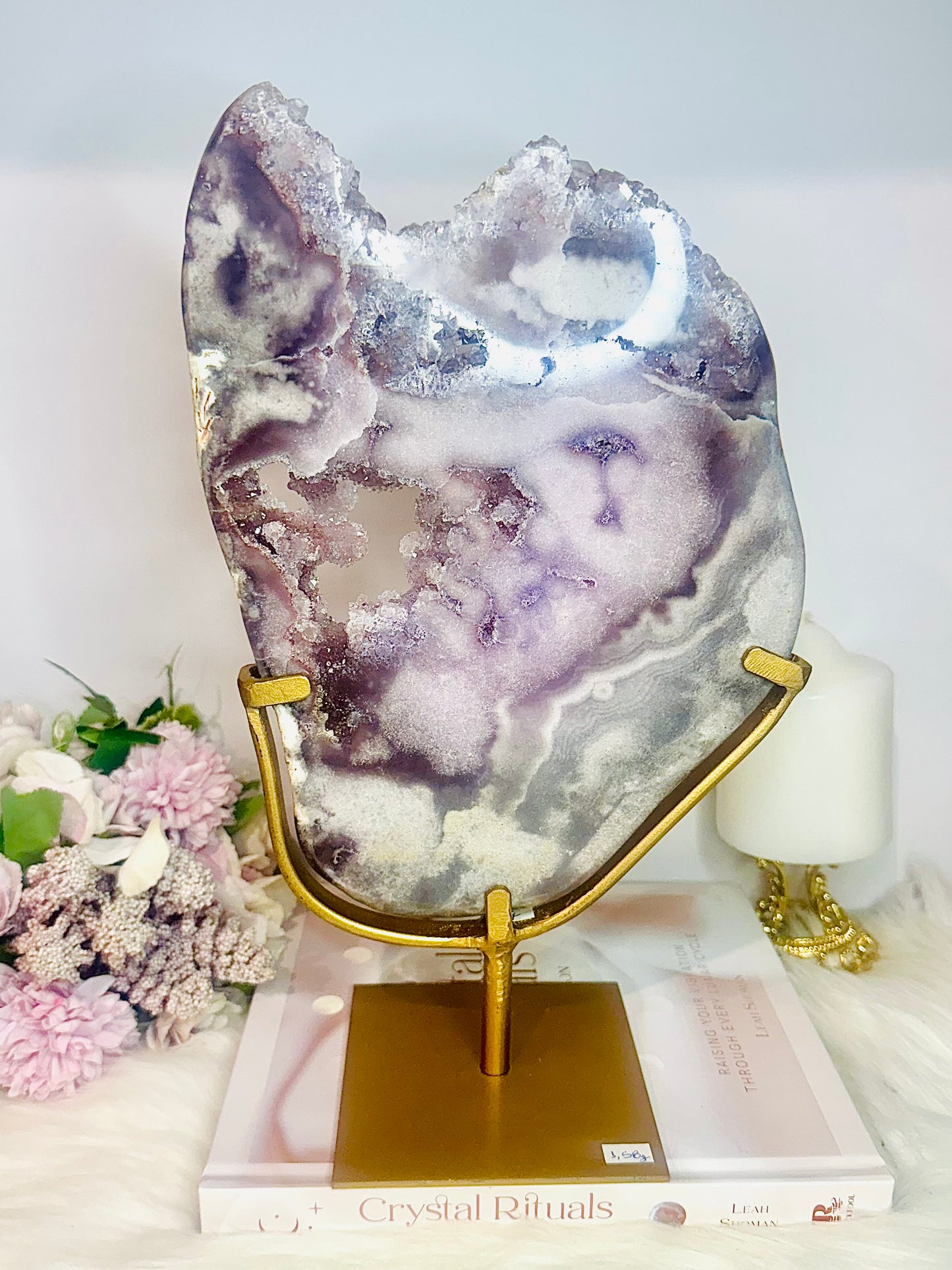 The Most Incredible High Grade Druzy Pink Amethyst Natural Slab On Gold Stand 1.56KG 30cm