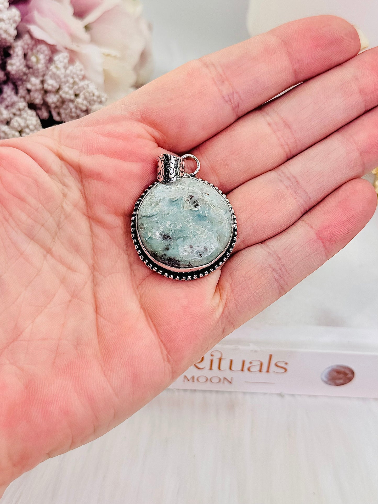 Lovely Round Larimar Pendant In Gift Bag