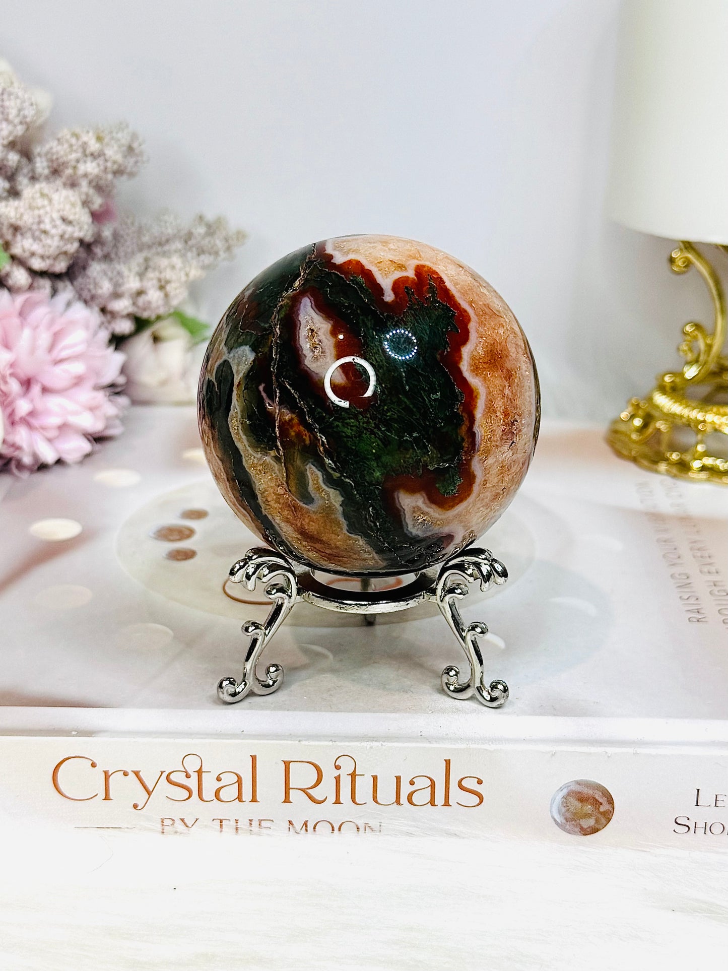 Red Moss Agate Sphere On Stand 331g