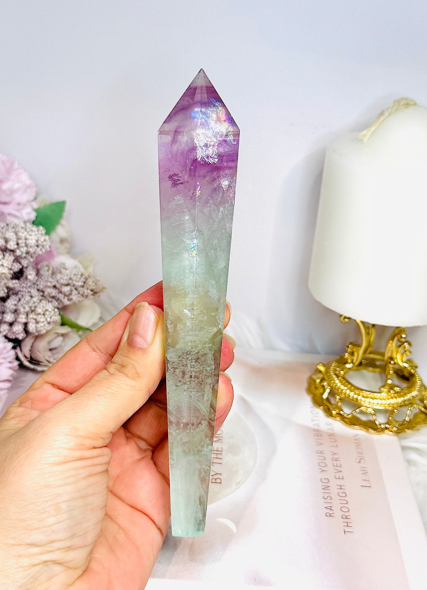 Watermelon Fluorite Wand | Tower with Rainbows  17.5cm