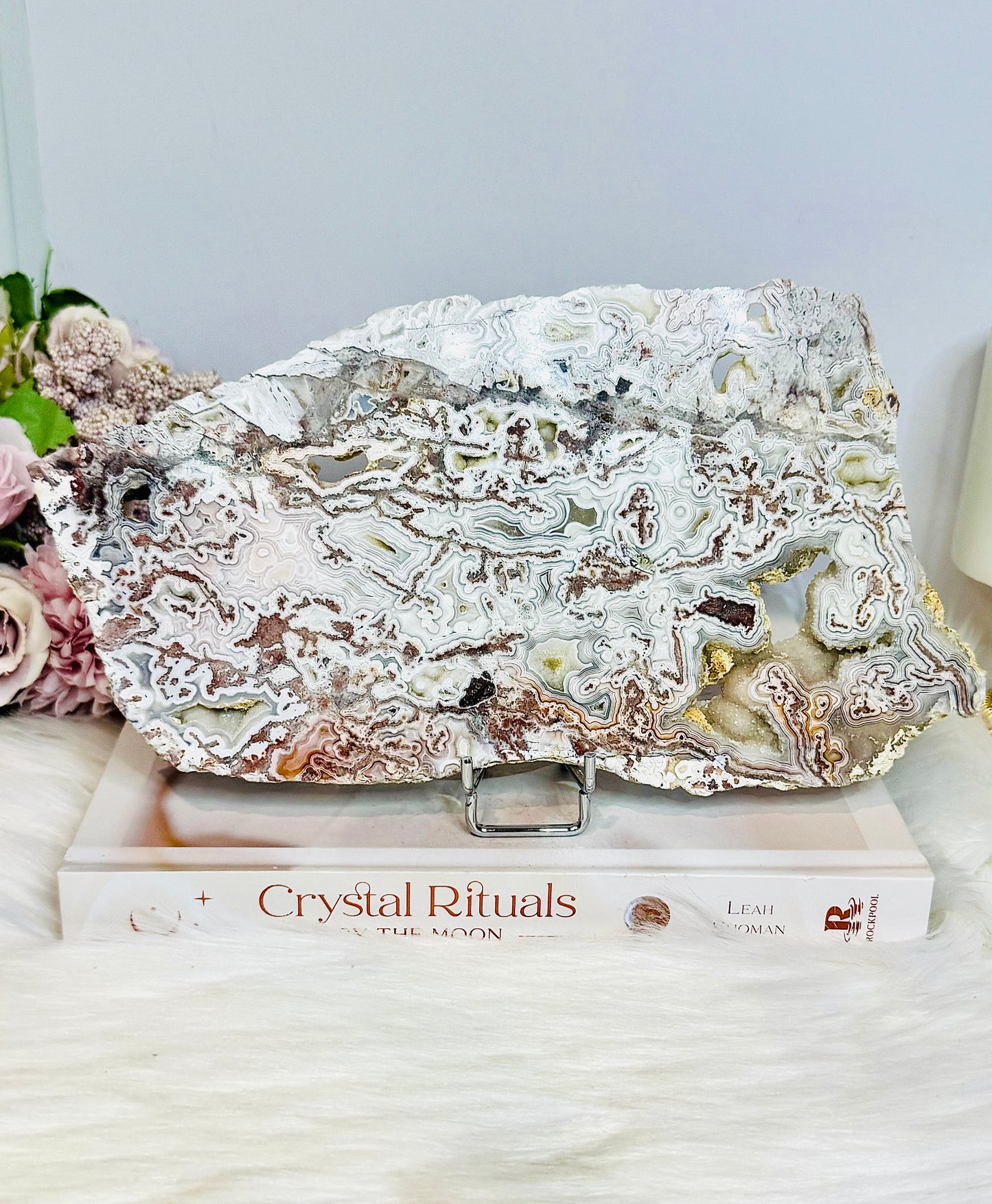 Large Natural Mexican Lace Agate Druzy Slab on Stand 22cm