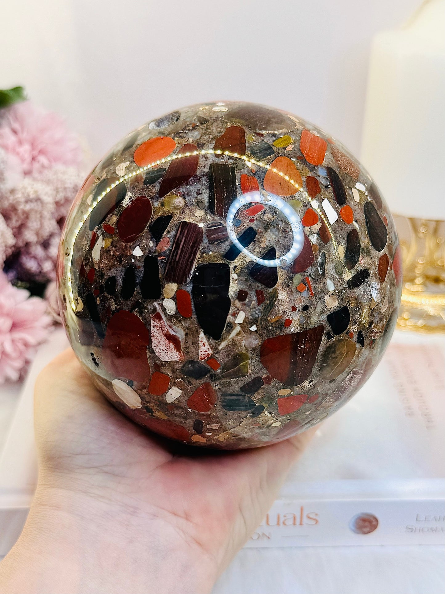 Huge Incredible Natural Puddingstone Sphere on Stand 11cm 1.93KG