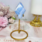 High Grade Blue Lace Agate Carved Diamond On Gold Stand 13.5cm