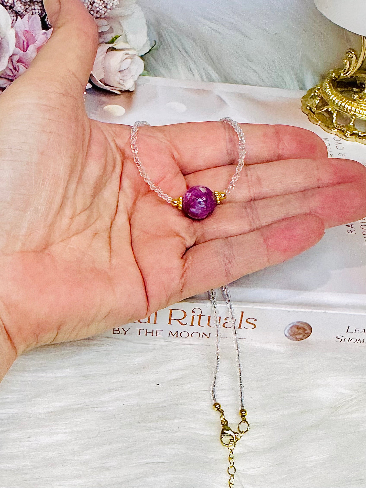 Purple Mica | Lepidolite Beaded Necklace In Gift Bag
