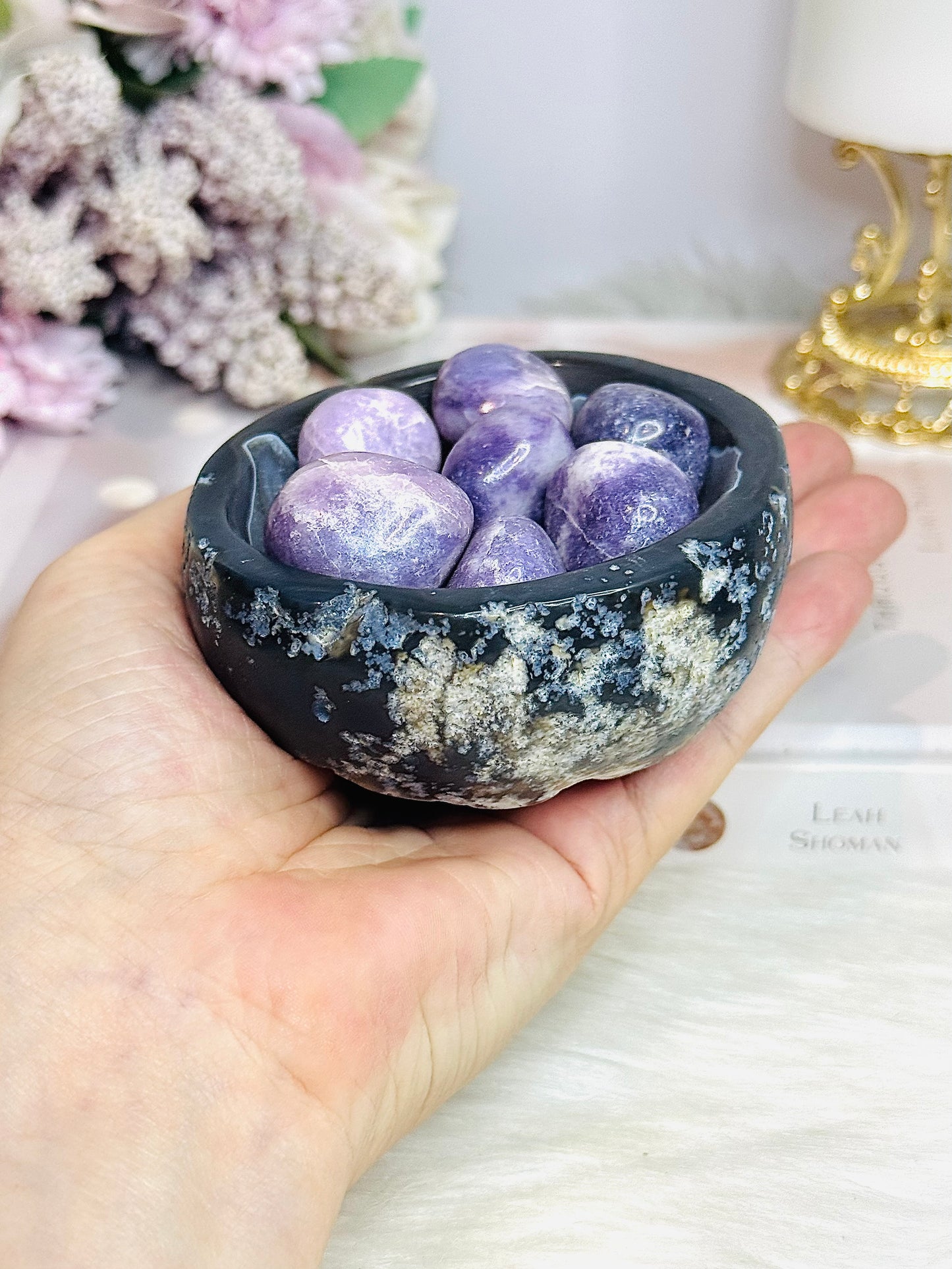 Natural Agate Carved Bowl Filled with Lepidolite Tumbles 426g