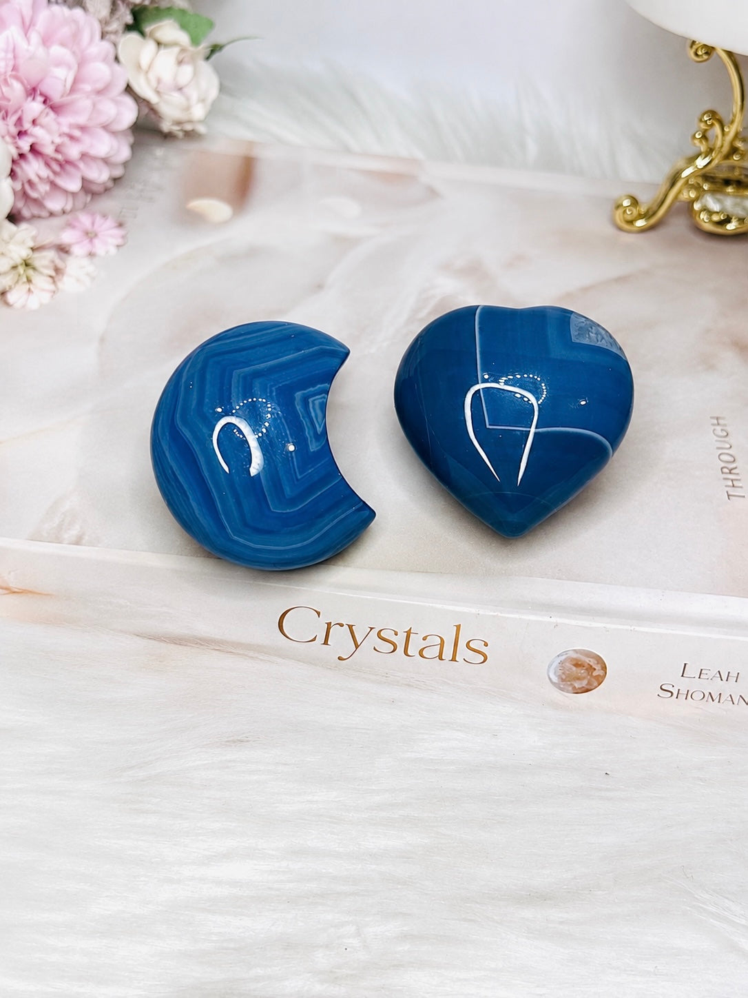 Blue (dyed) Agate Heart & Moon Carvings