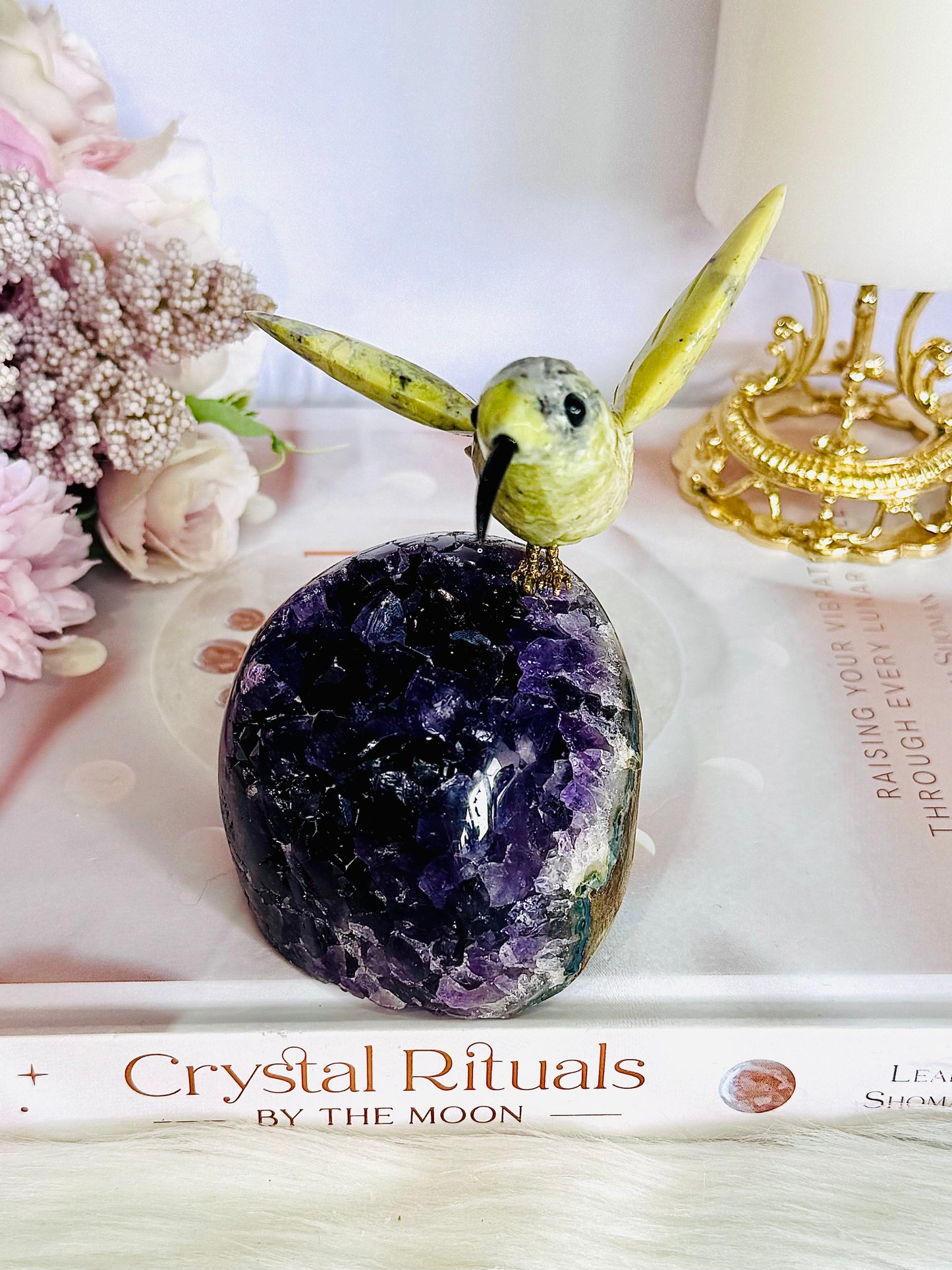 High Grade Deep Purple Amethyst Base Cut Cluster with Jade Carved Hummingbird 13cm