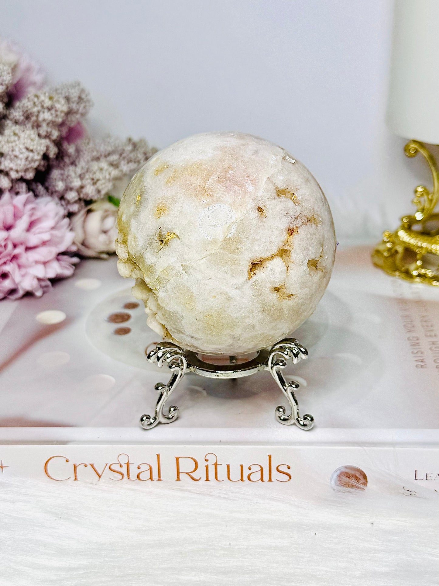 Large Pink Amethyst X Flower Agate Druzy Sphere on Stand 384g