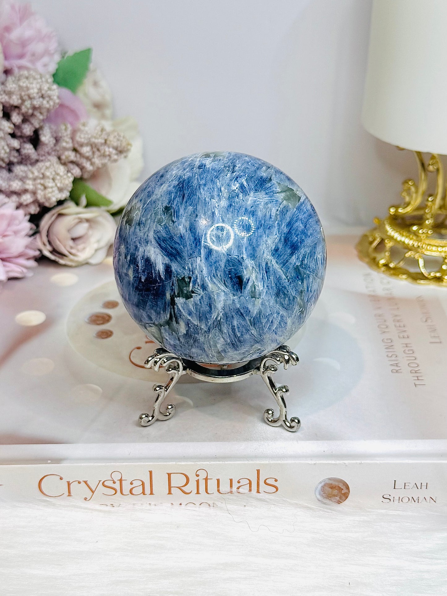Blue Kyanite Sphere on Stand 560g On Stand