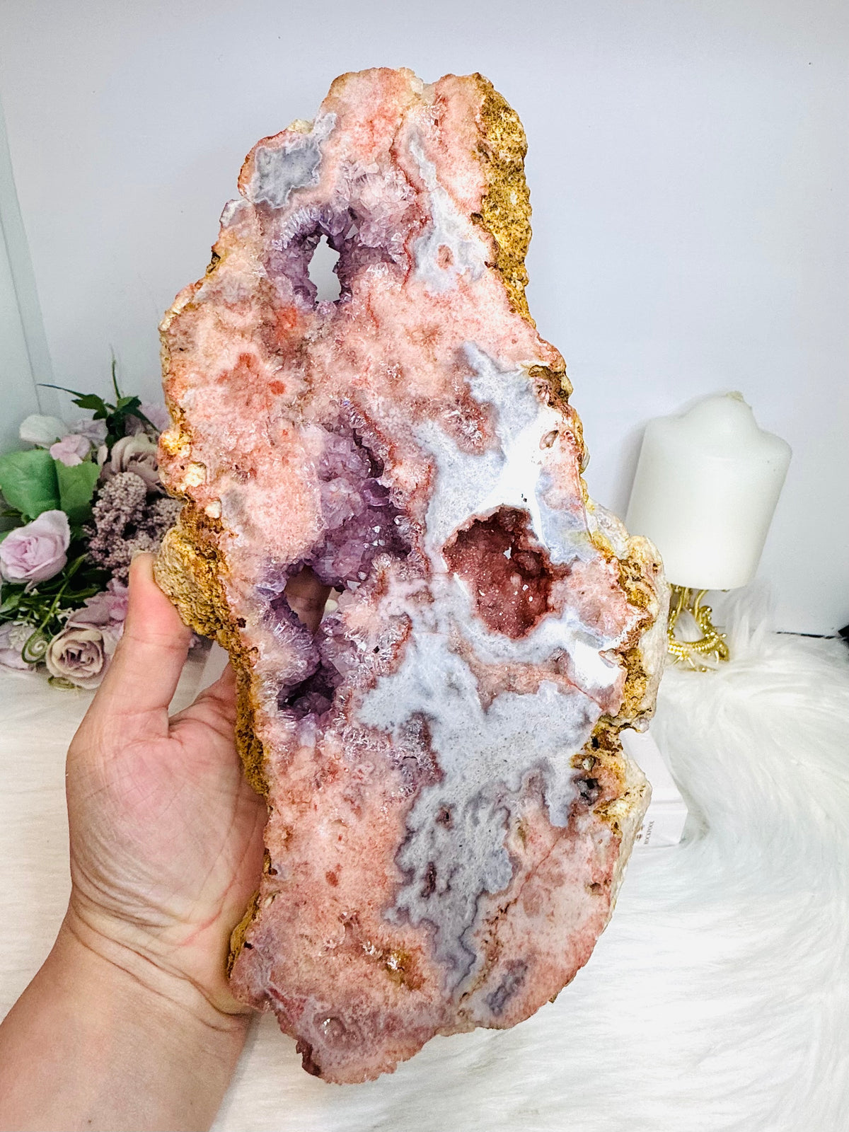High Grade Pink Amethyst Druzy Slab on Stand 1.2KG 27.5cm