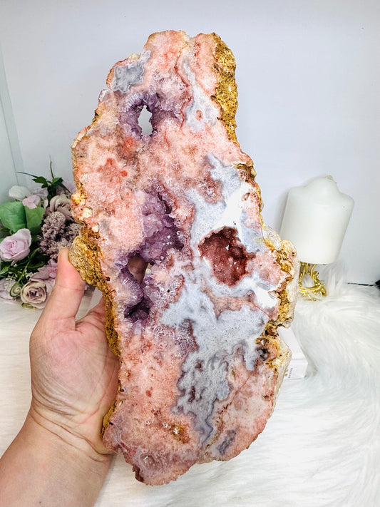 High Grade Pink Amethyst Druzy Slab on Stand 1.2KG 27.5cm