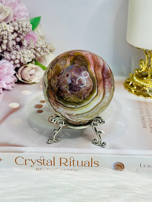 Large Mexican Crazy Lace Agate Druzy Sphere on Stand 376g