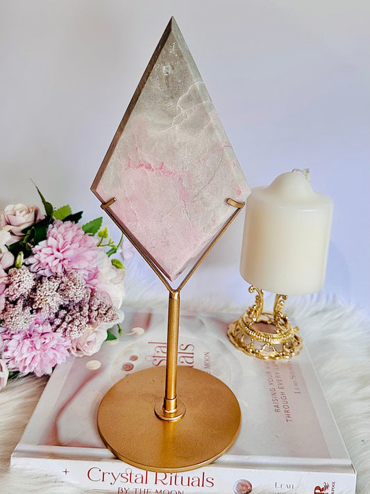 Large Tall 27cm Pink Opal Diamond On Gold Stand 664grams ~ Simply Stunning Piece