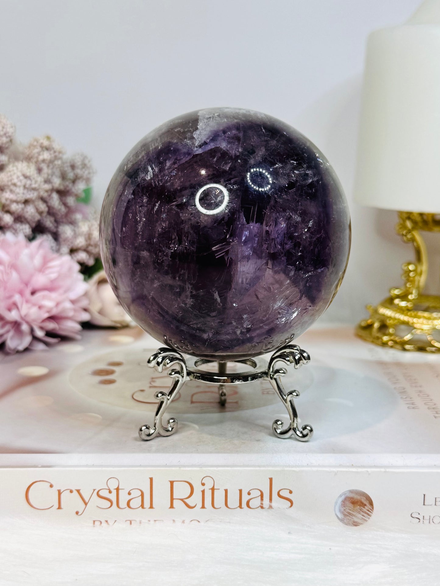 Large High Grade Phantom Amethyst Sphere with Rainbows On Stand 665g