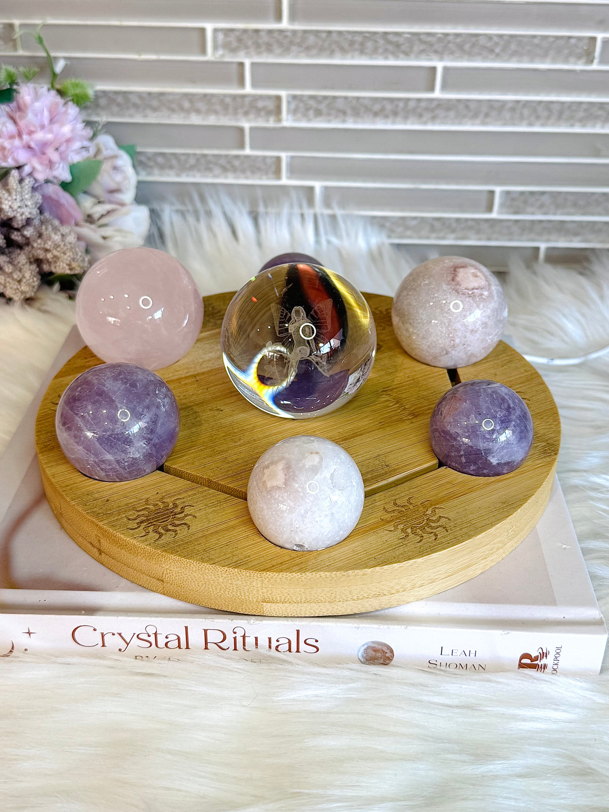 Feminine Energy ~ Large Light Stand 20cm with Glass Fairy Sphere, 3 Amethyst Spheres, Rose Quartz Sphere & 2 Pink Amethyst Spheres