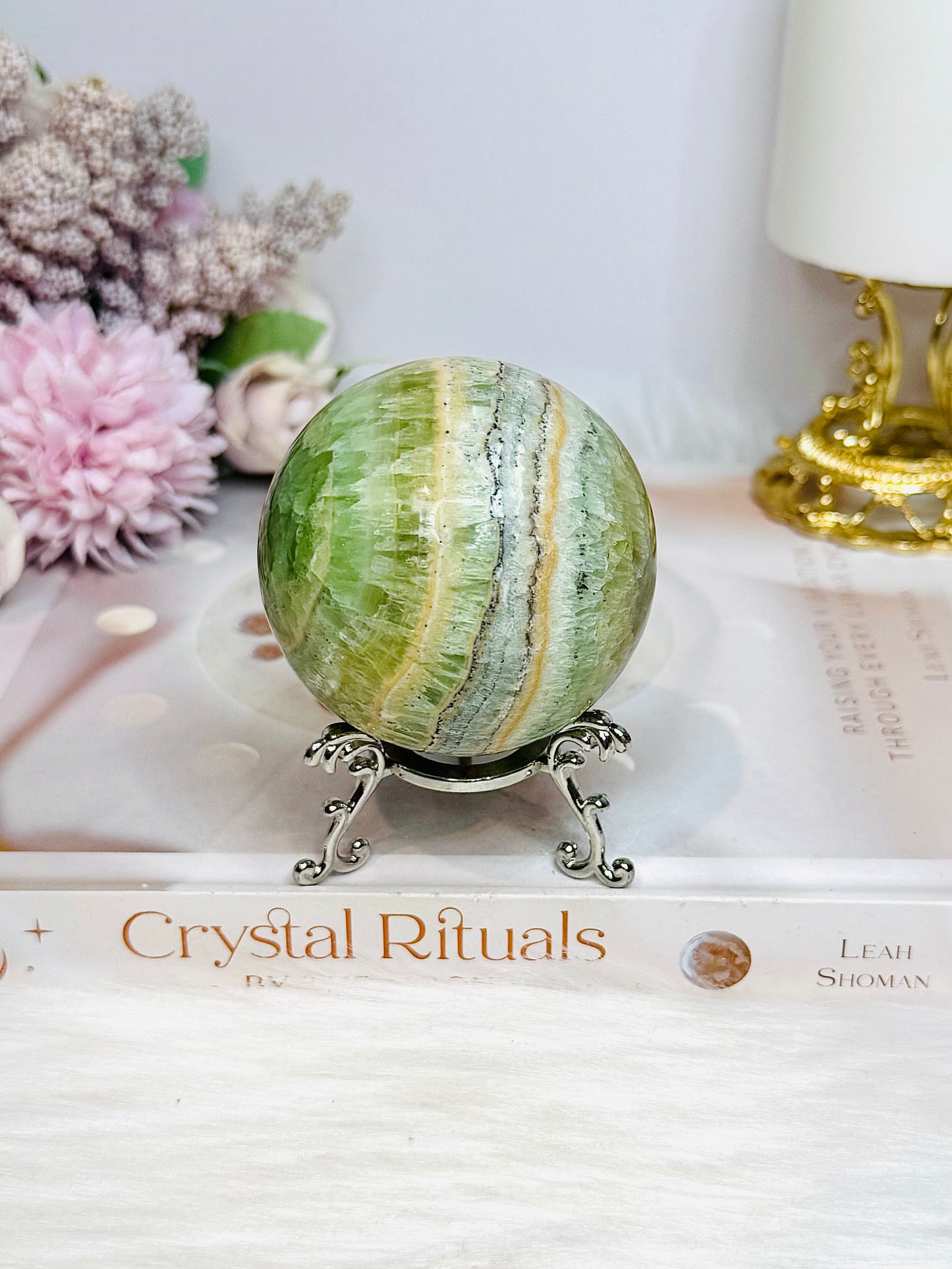 Green Calcite Sphere on Stand 338g