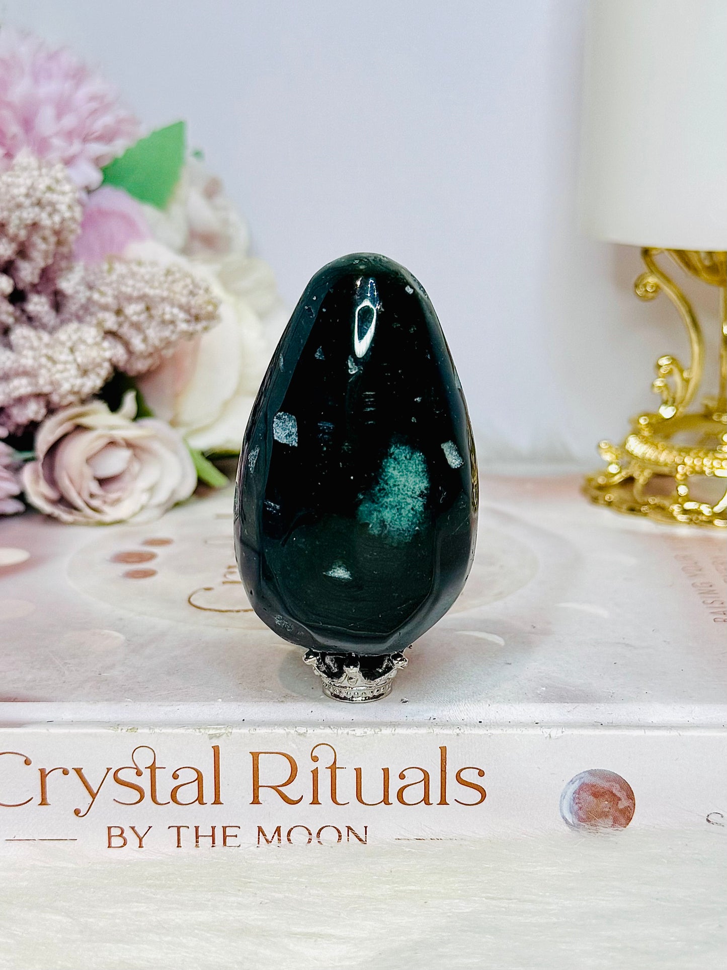 Moss Agate Carved Egg On Stand 7cm