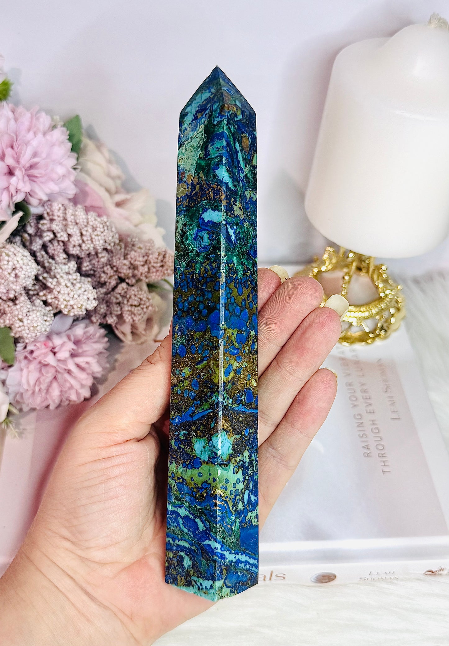 Incredible Tall Natural Azurite with Malachite Carved Tower | Generator 18.5cm