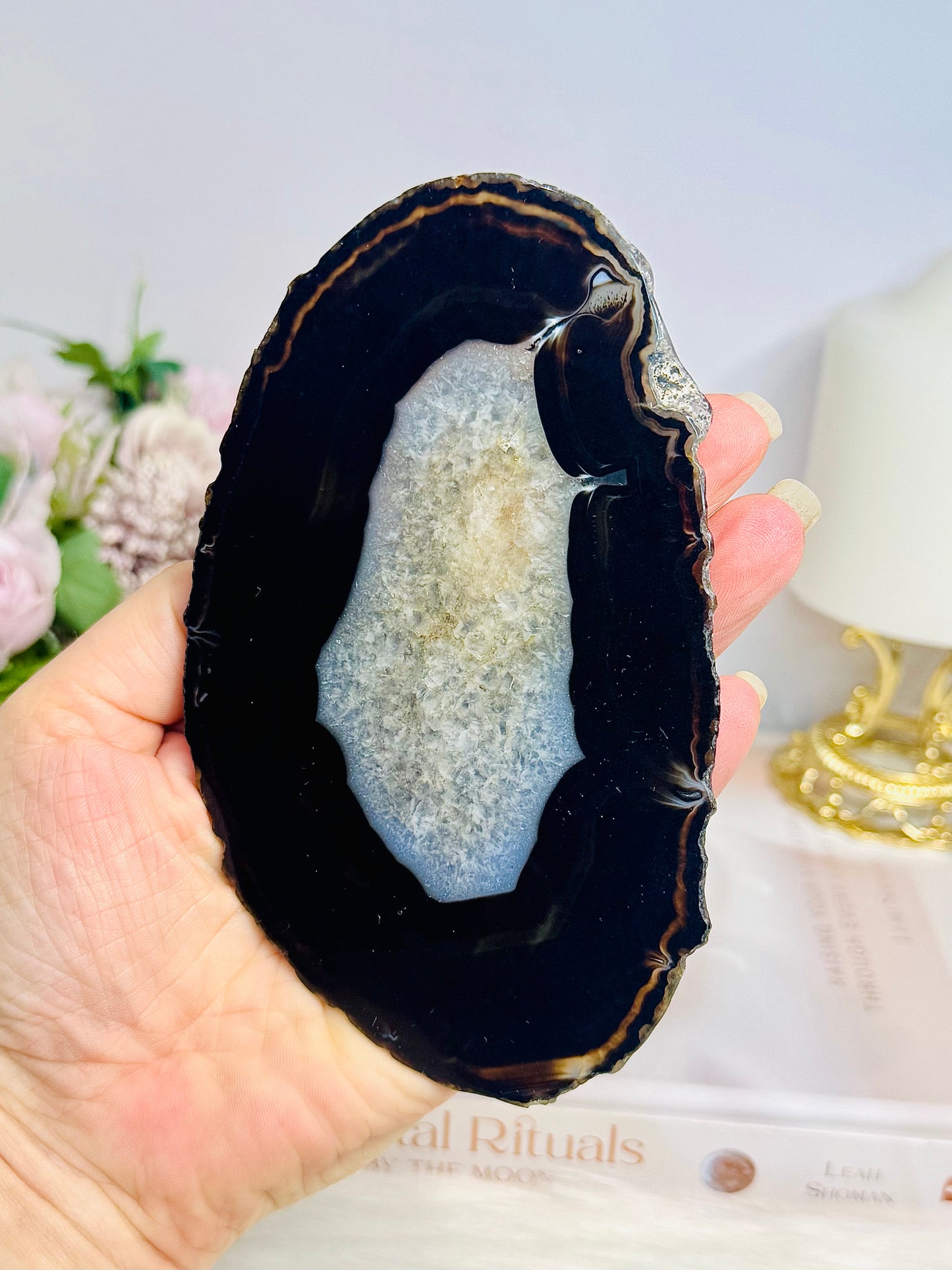 Natural Black Agate Slice On Stand 14cm