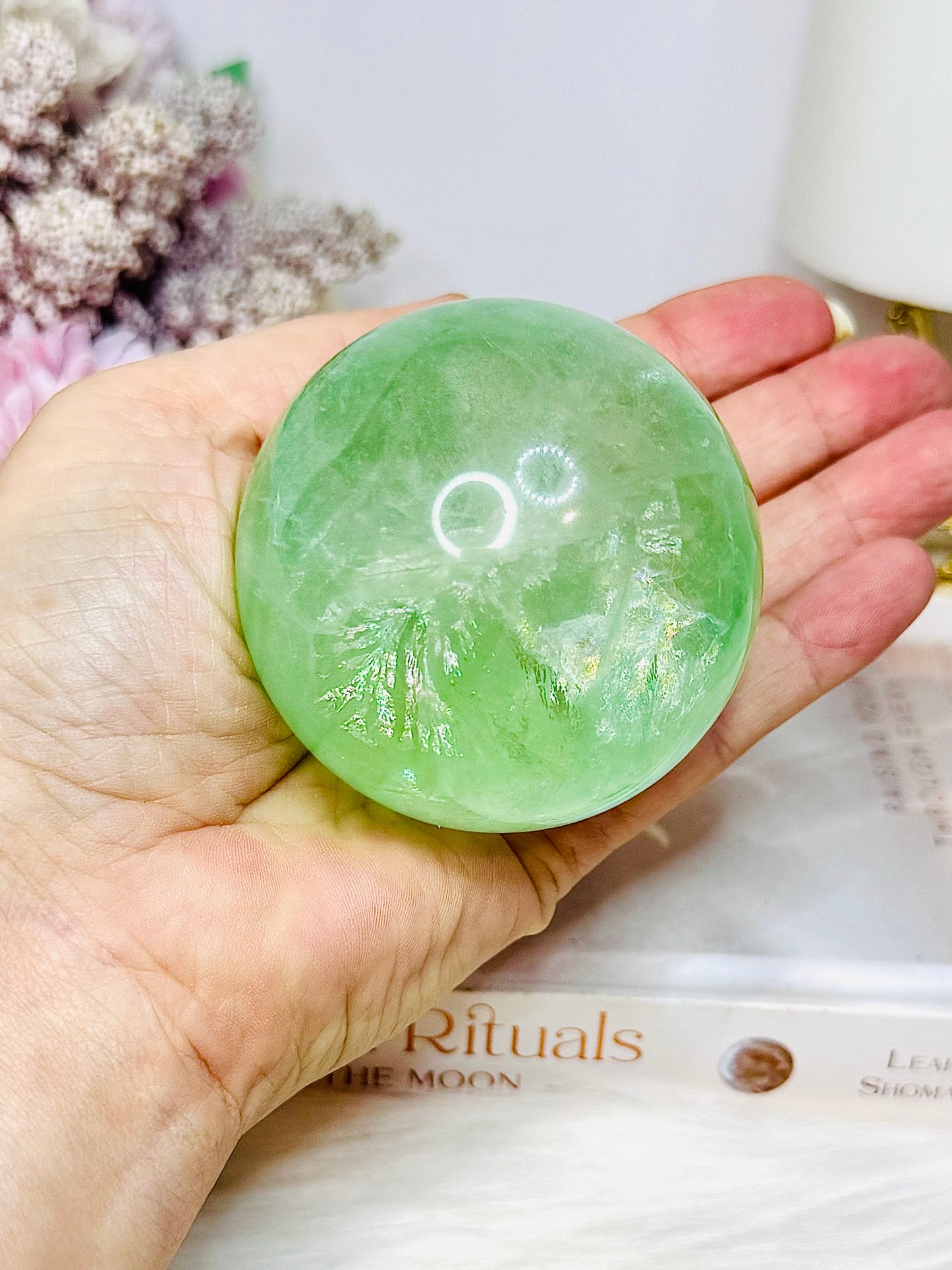 Green Fluorite Sphere with Rainbows On Stand 444g