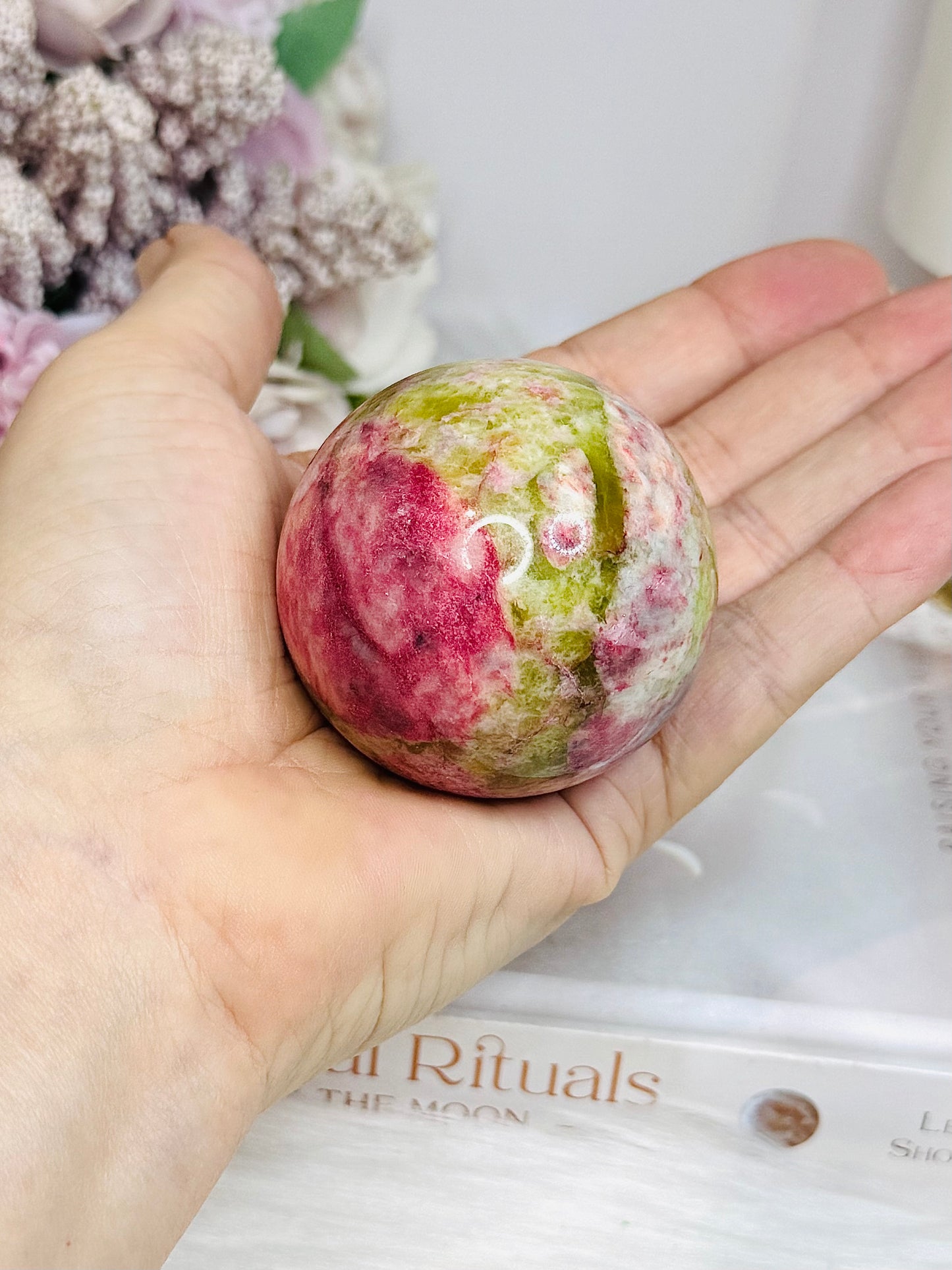 Thulite Sphere with Epidote 208g On Stand