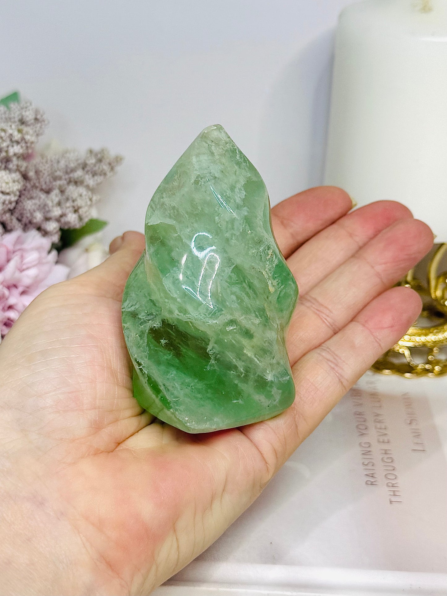 Green Fluorite Carved Flame 8cm 269g