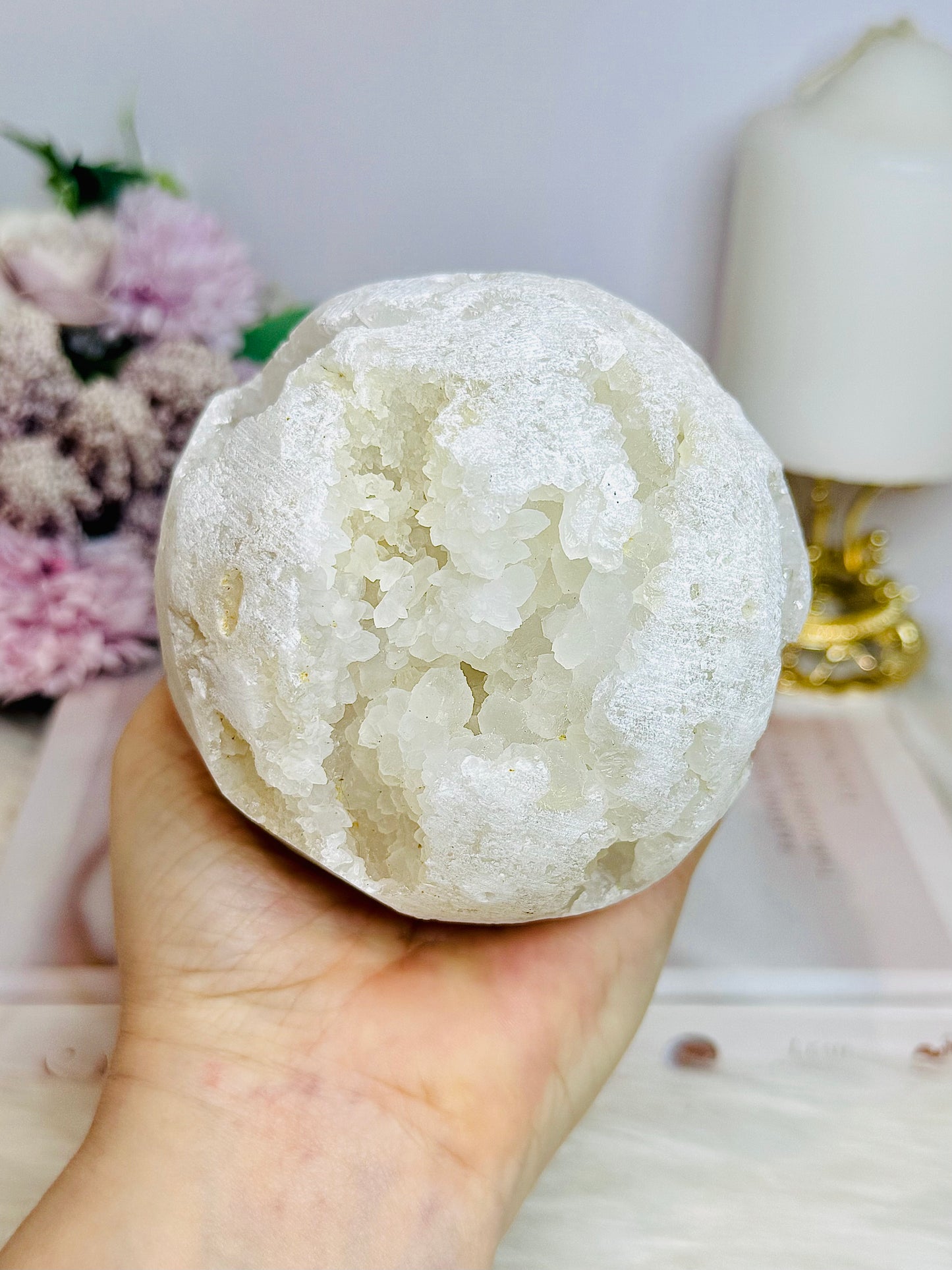 Large Moroccan Quartz Geode Druzy Sphere On Stand 734g