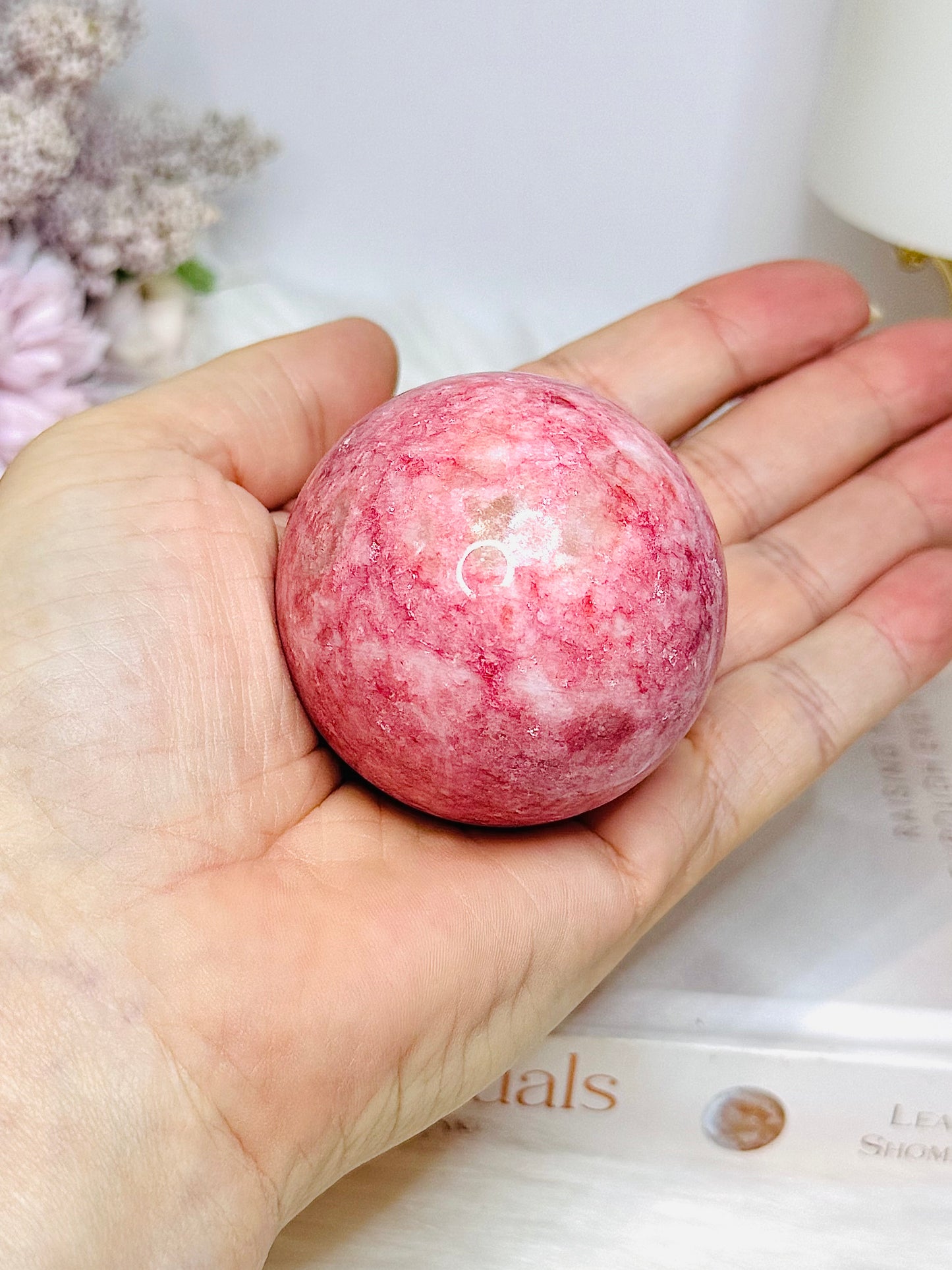 Thulite Sphere with Epidote 202g On Stand
