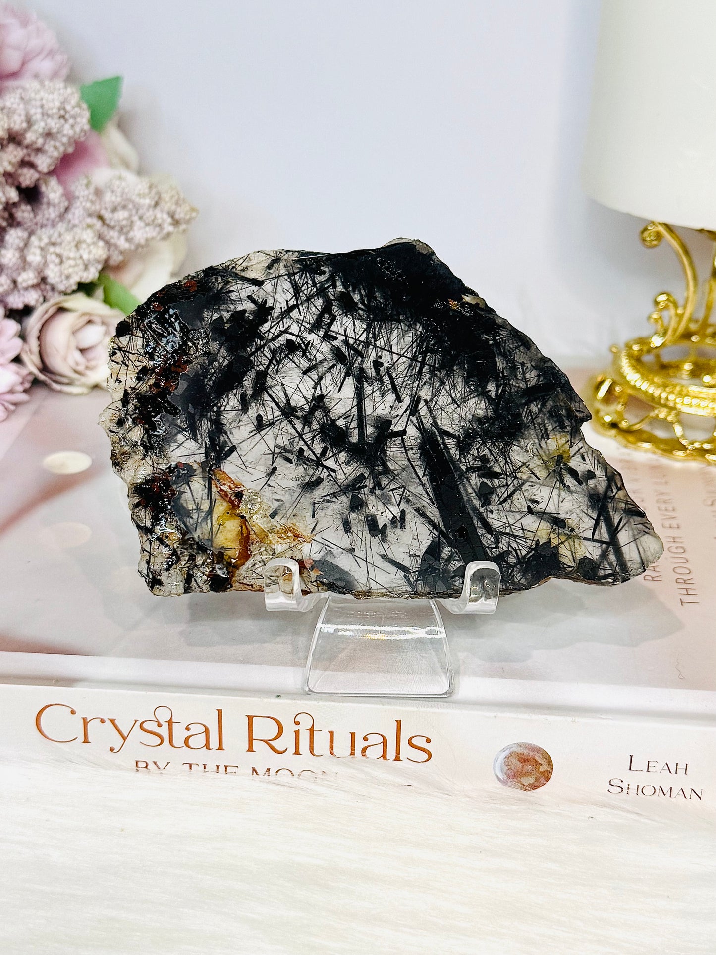 Black Tourmaline in Quartz Slab on Stand 12cm