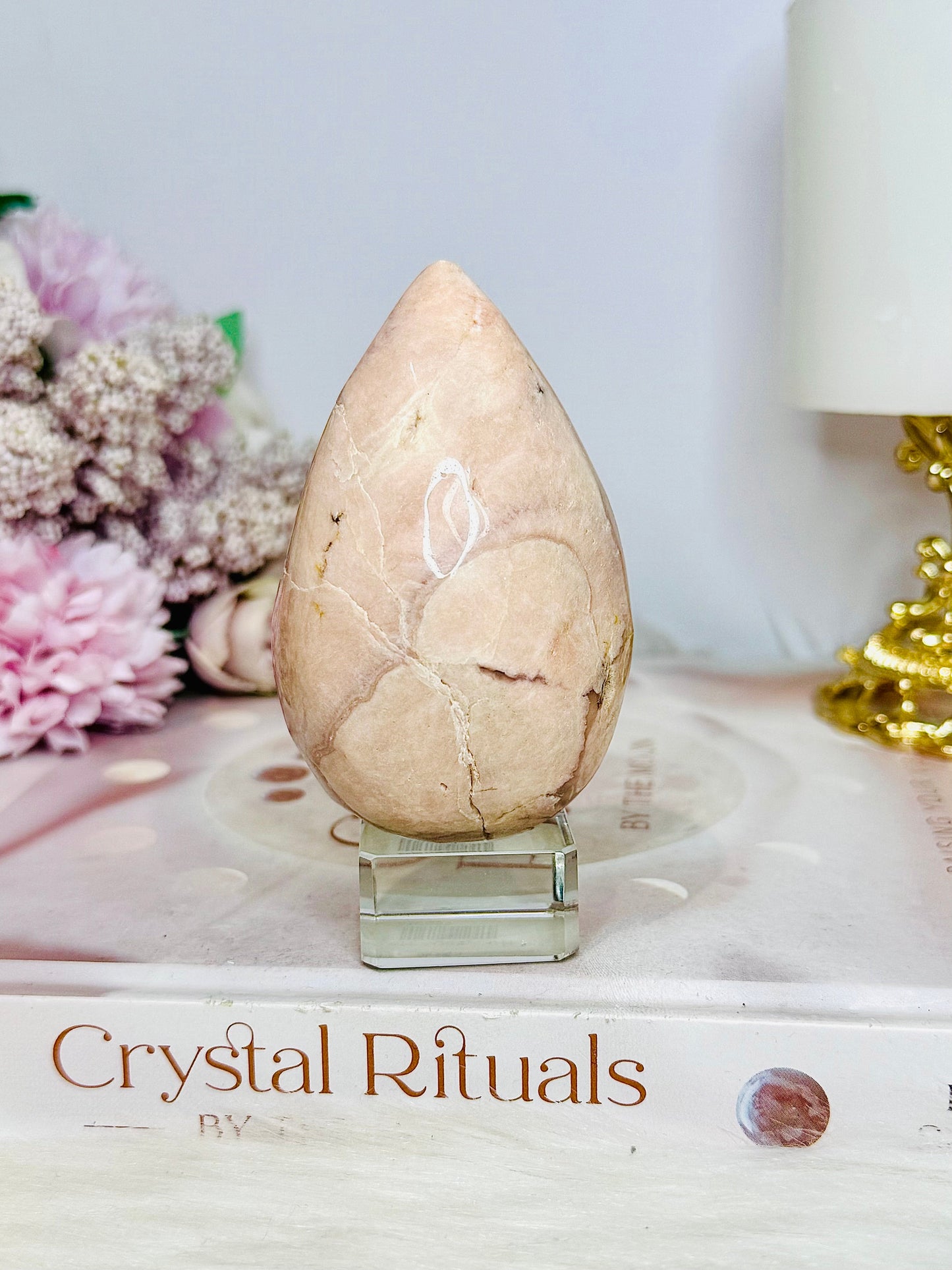 Flower Agate Carved Egg on Stand 200g