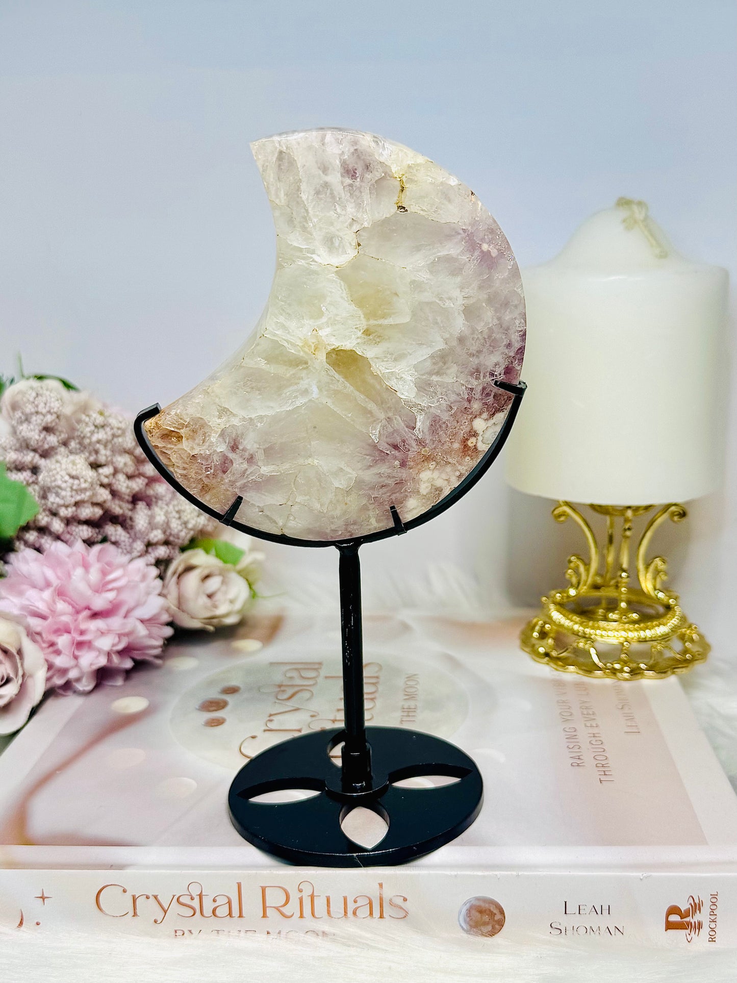 Druzy Pink Amethyst X Flower Agate Moon On Stand 17.5cm