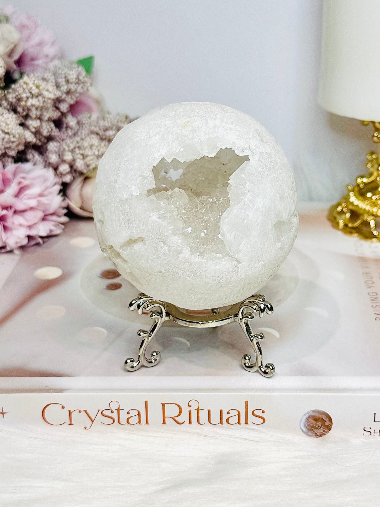 Large Moroccan Quartz Druzy Sphere On Stand 401g