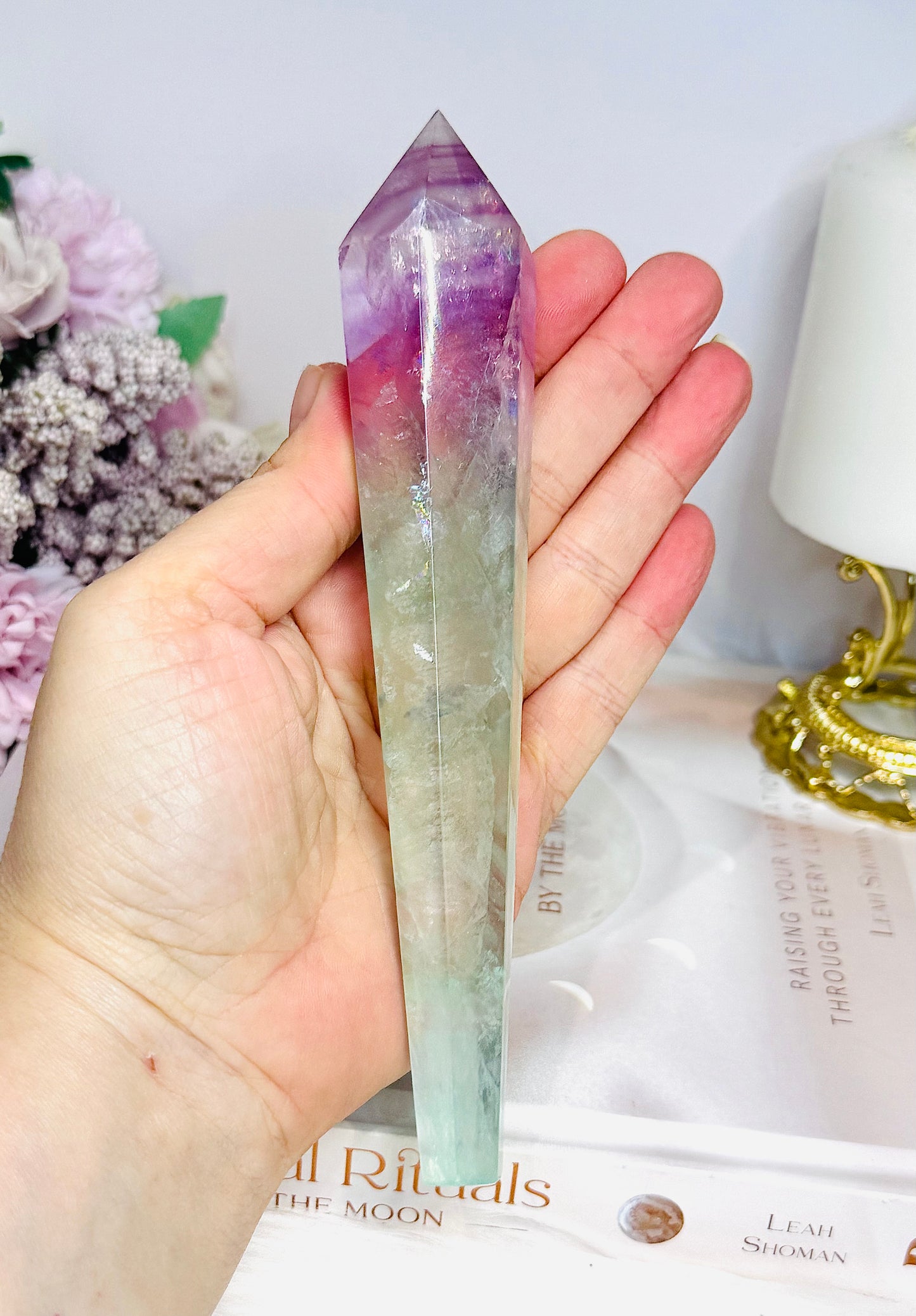 Watermelon Fluorite Wand | Tower with Rainbows  17.5cm
