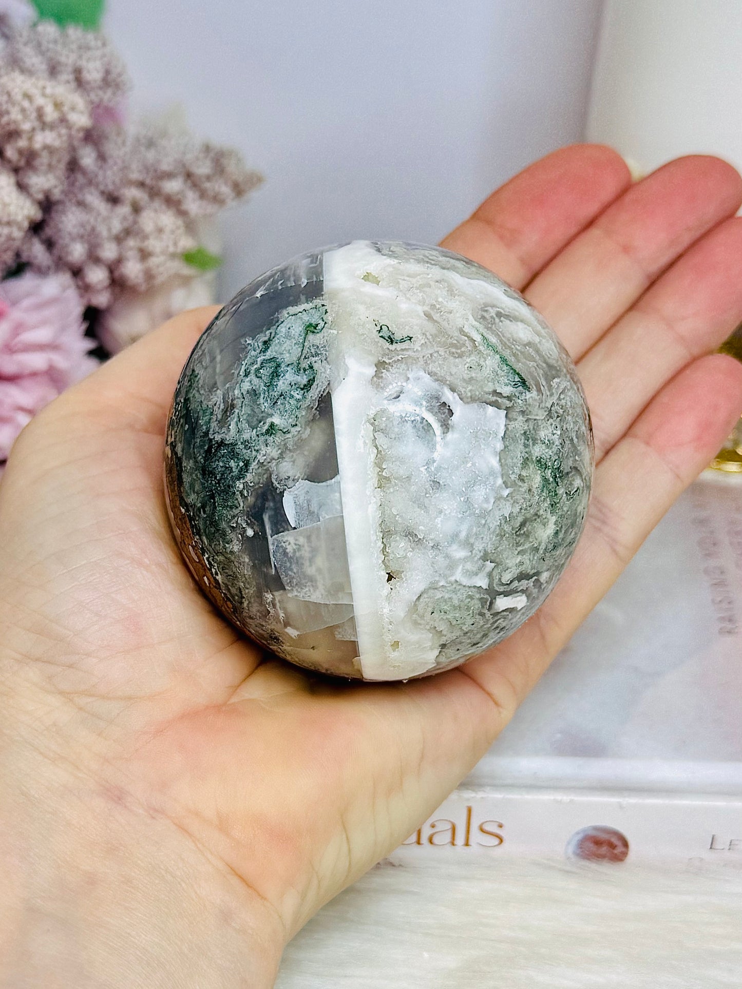 Moss Agate Druzy Sphere On Stand 373g