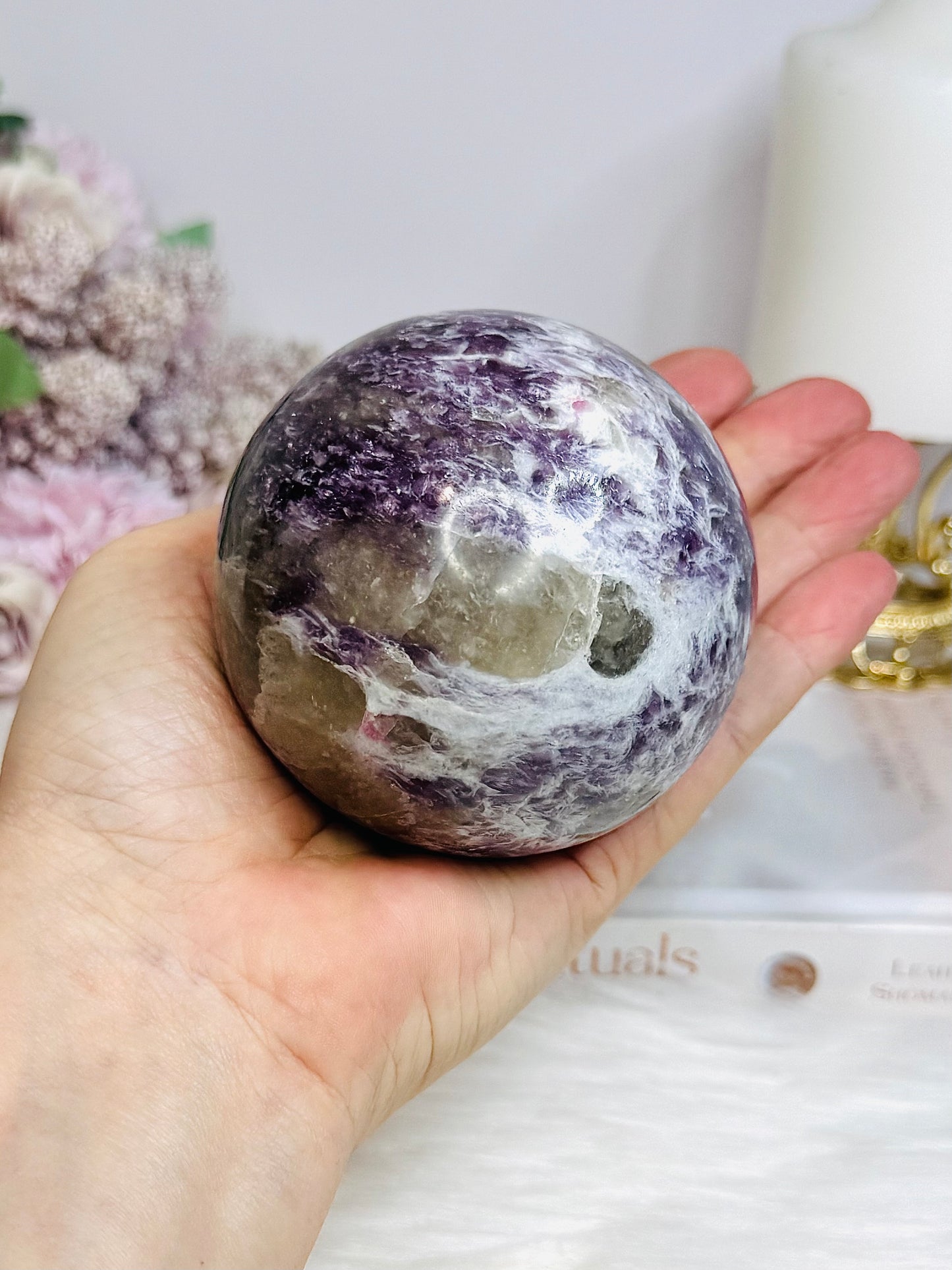 Large Pegmatite | Unicorn Stone (Lepidolite, Pink Tourmaline, Smoky Quartz & Cleavelandite) Sphere on Stand 600g