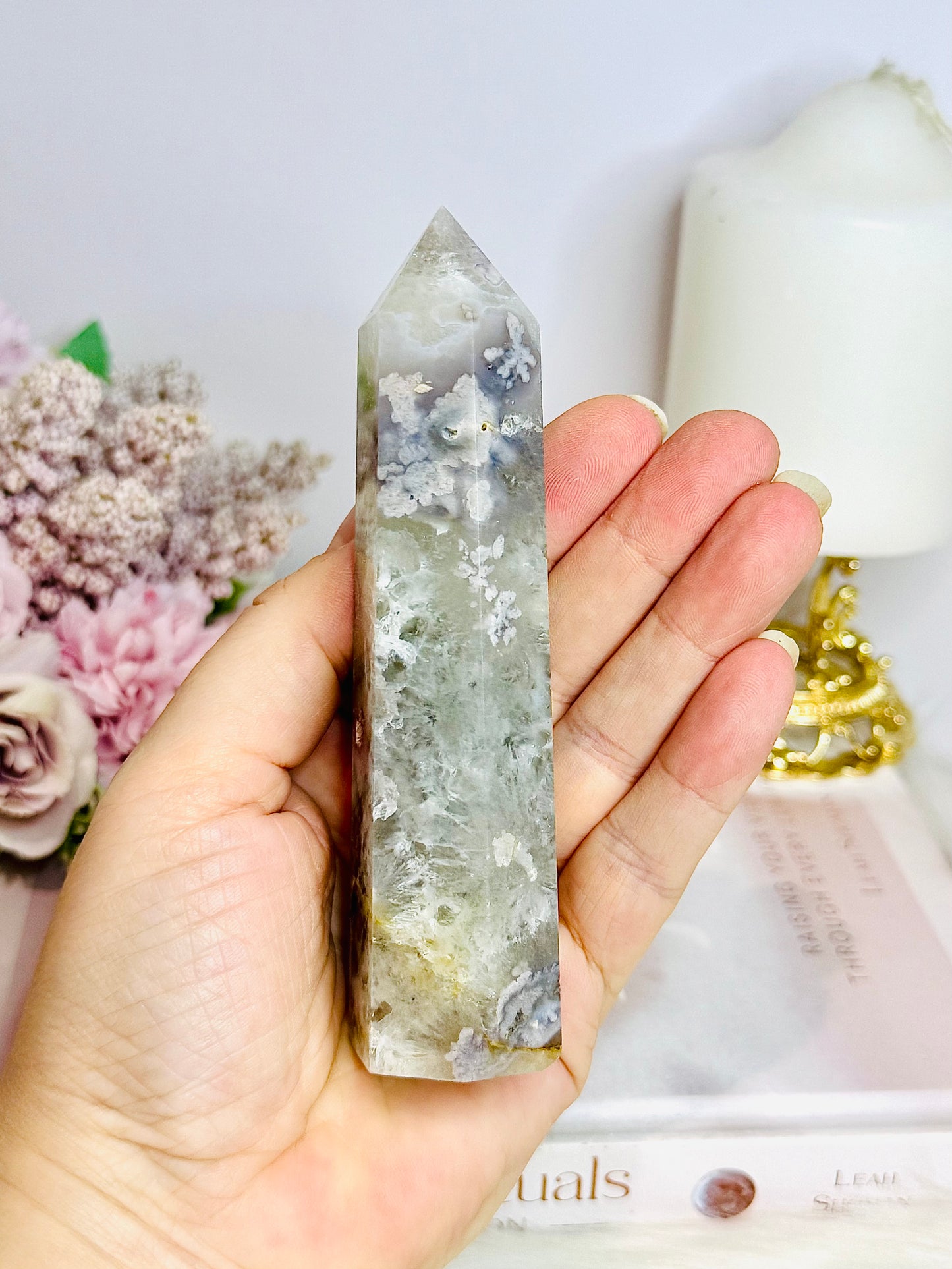 Green Flower Agate Tower 12.5cm