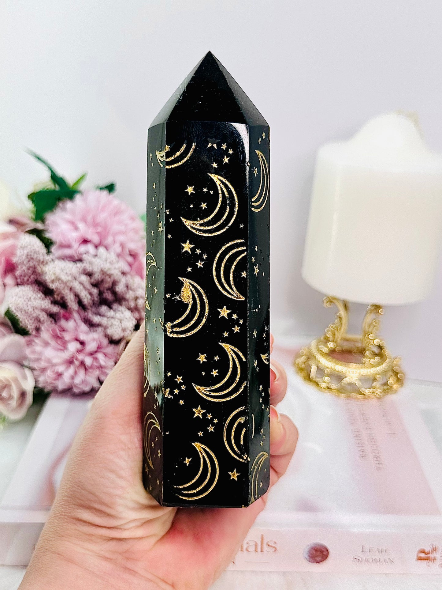 Protective Stone ~ Stunning Black Obsidian Tower with Gold Moon & Star Engraving 15.5cm 381grams (discounted as some gold print has come off tower)
