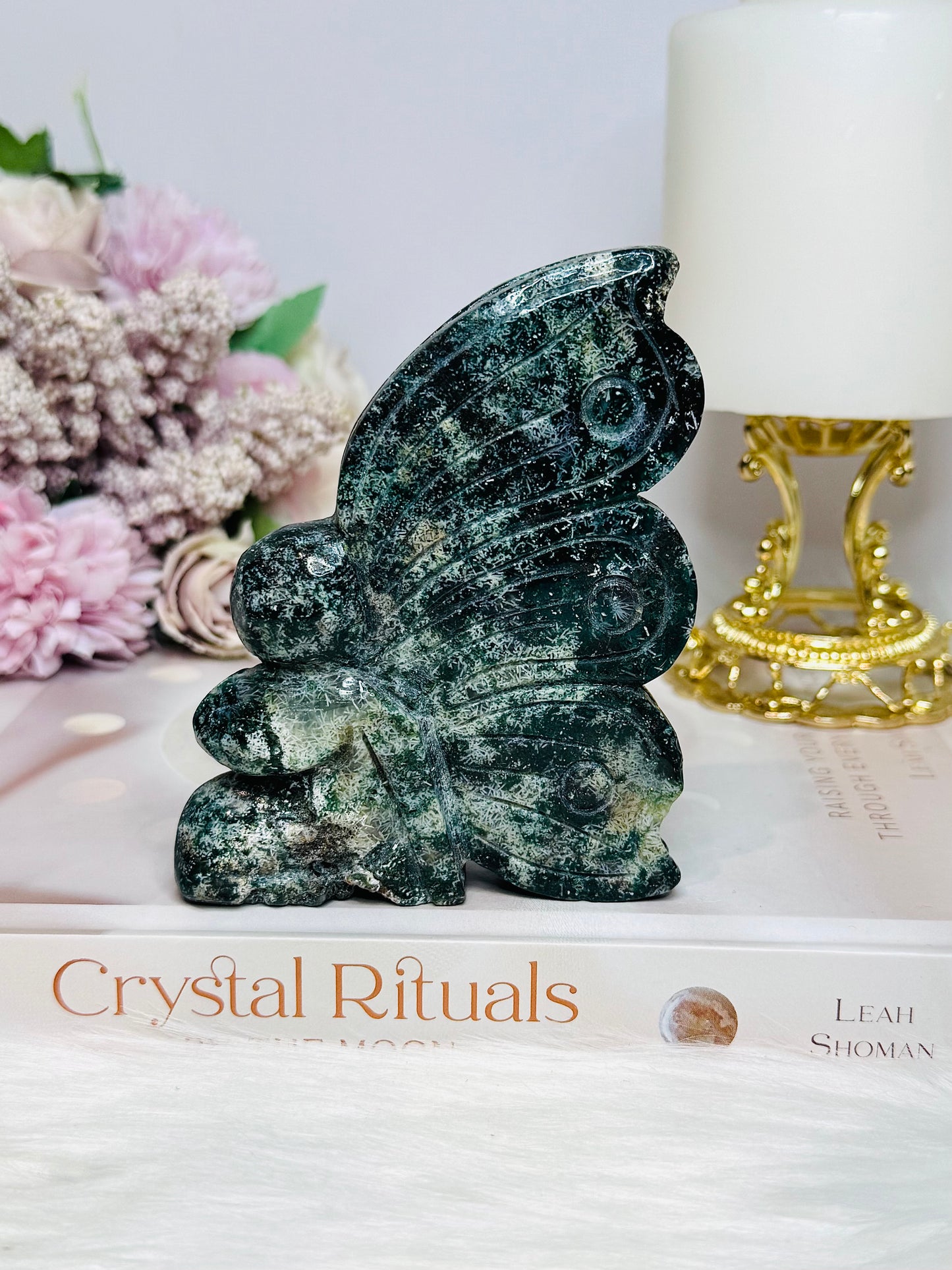 Moss Agate Carved Druzy Fairy 10cm