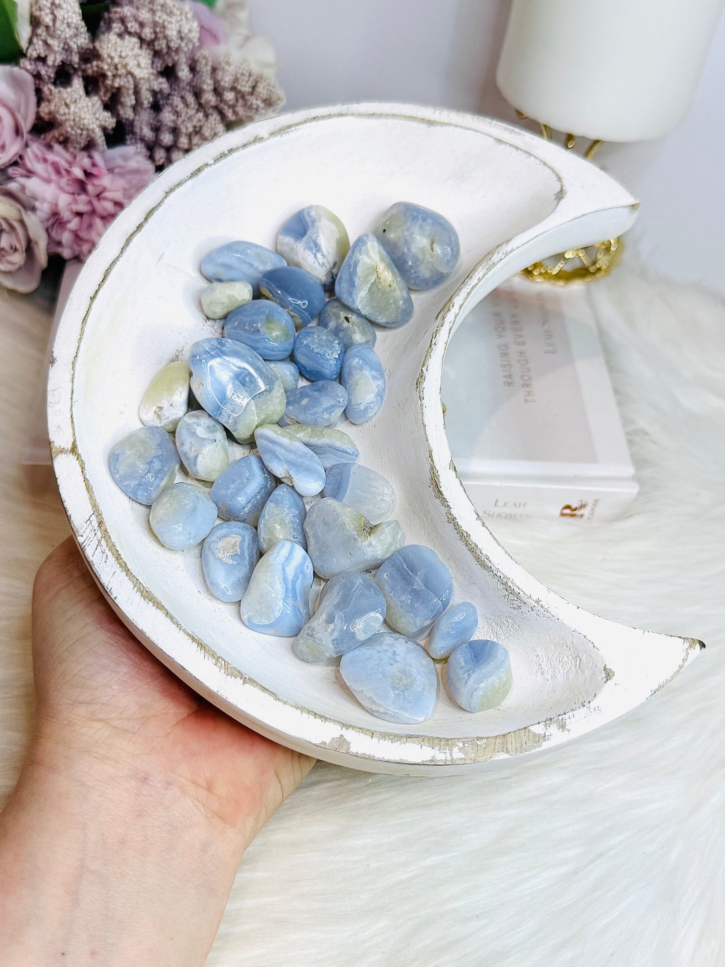 Large Timber Moon Bowl 20cm Filled with Blue Lace Agate Tumbles