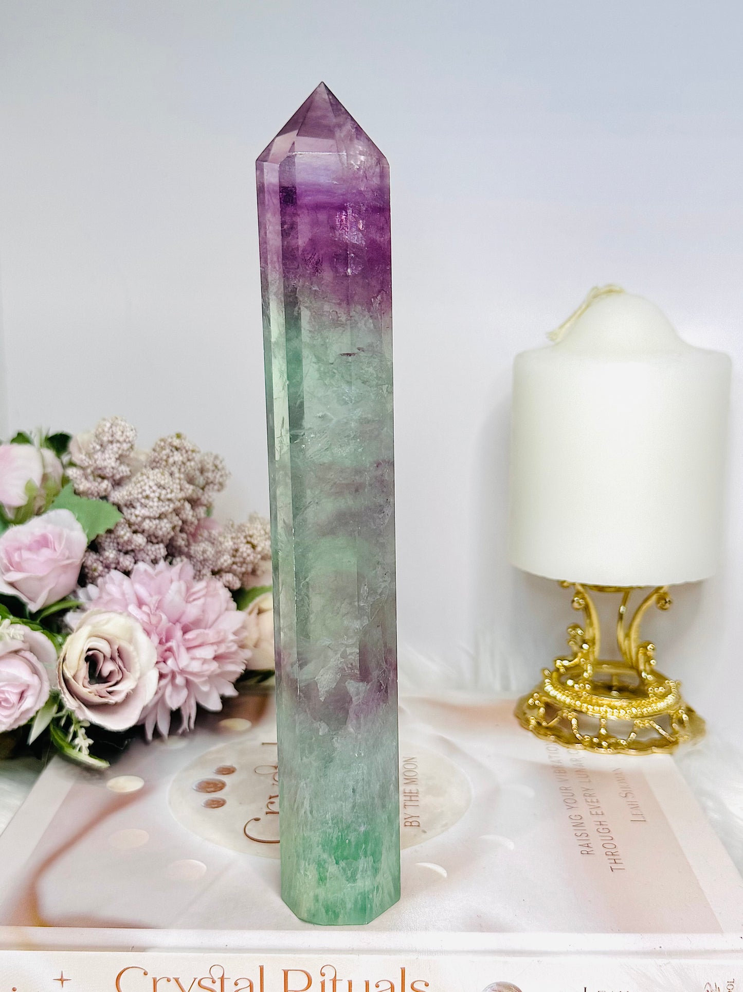 Tall Watermelon Fluorite Tower 20.5cm with Rainbows