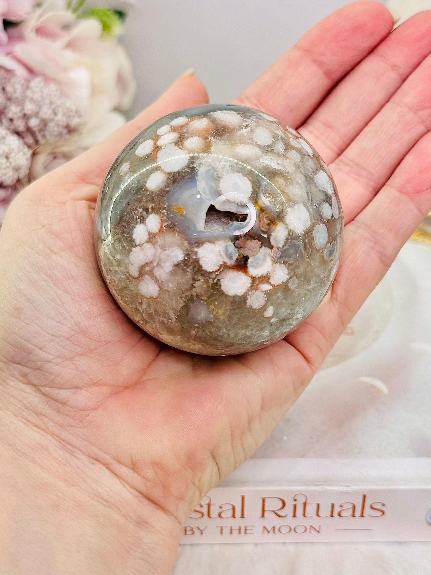 Green Druzy Cherry Blossom Agate Sphere on Stand 335grams