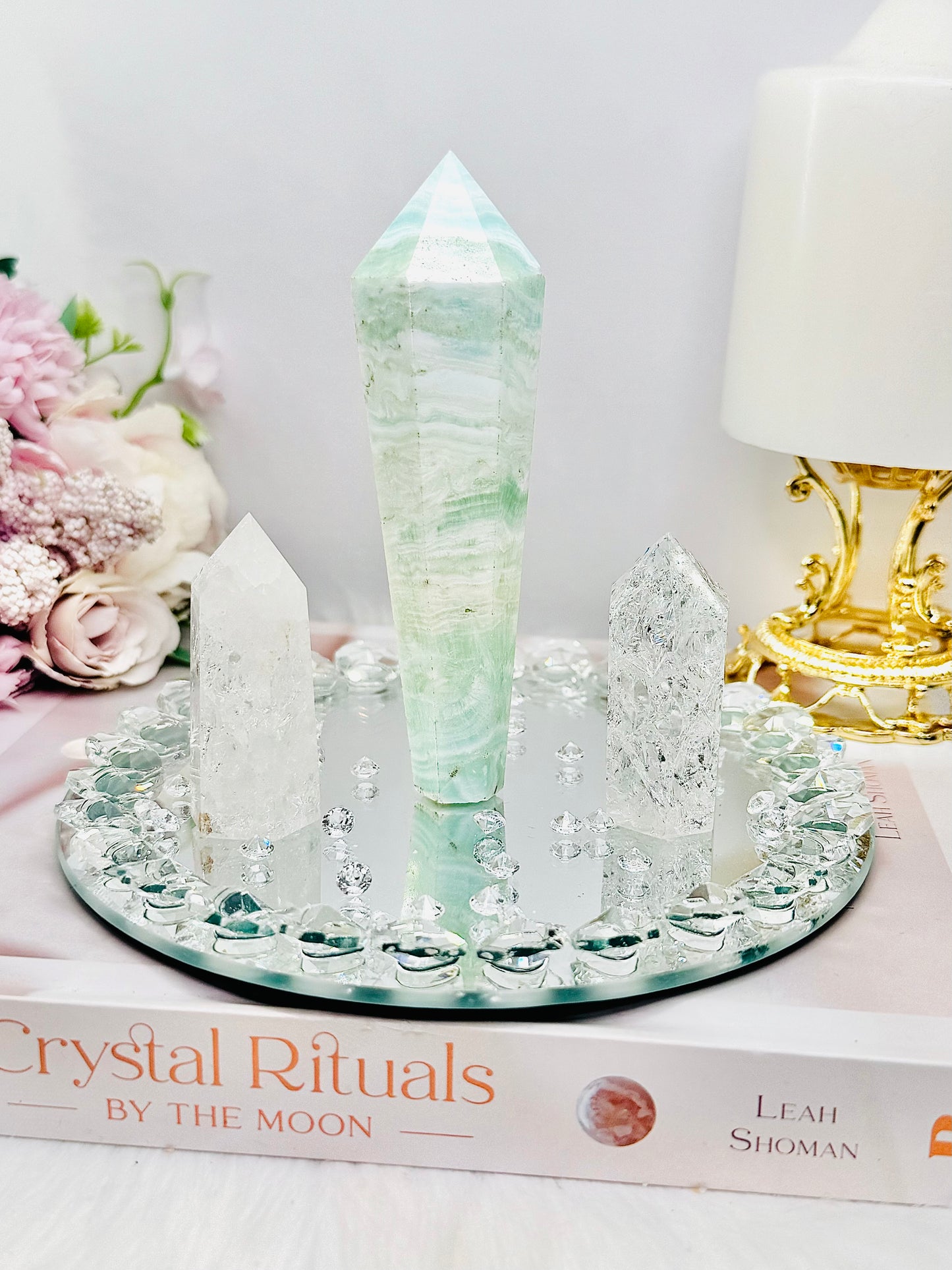 Gift Set Range ~ 15cm Diamanté Mirror with Set of Clear Quartz Crackle Towers & Caribbean Calcite Tower