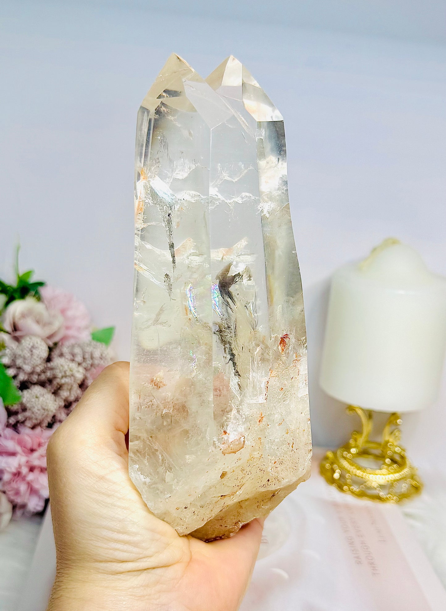 High Grade Clear Quartz Twin | Double Tower with Rainbows on Stand 18.5cm 961g