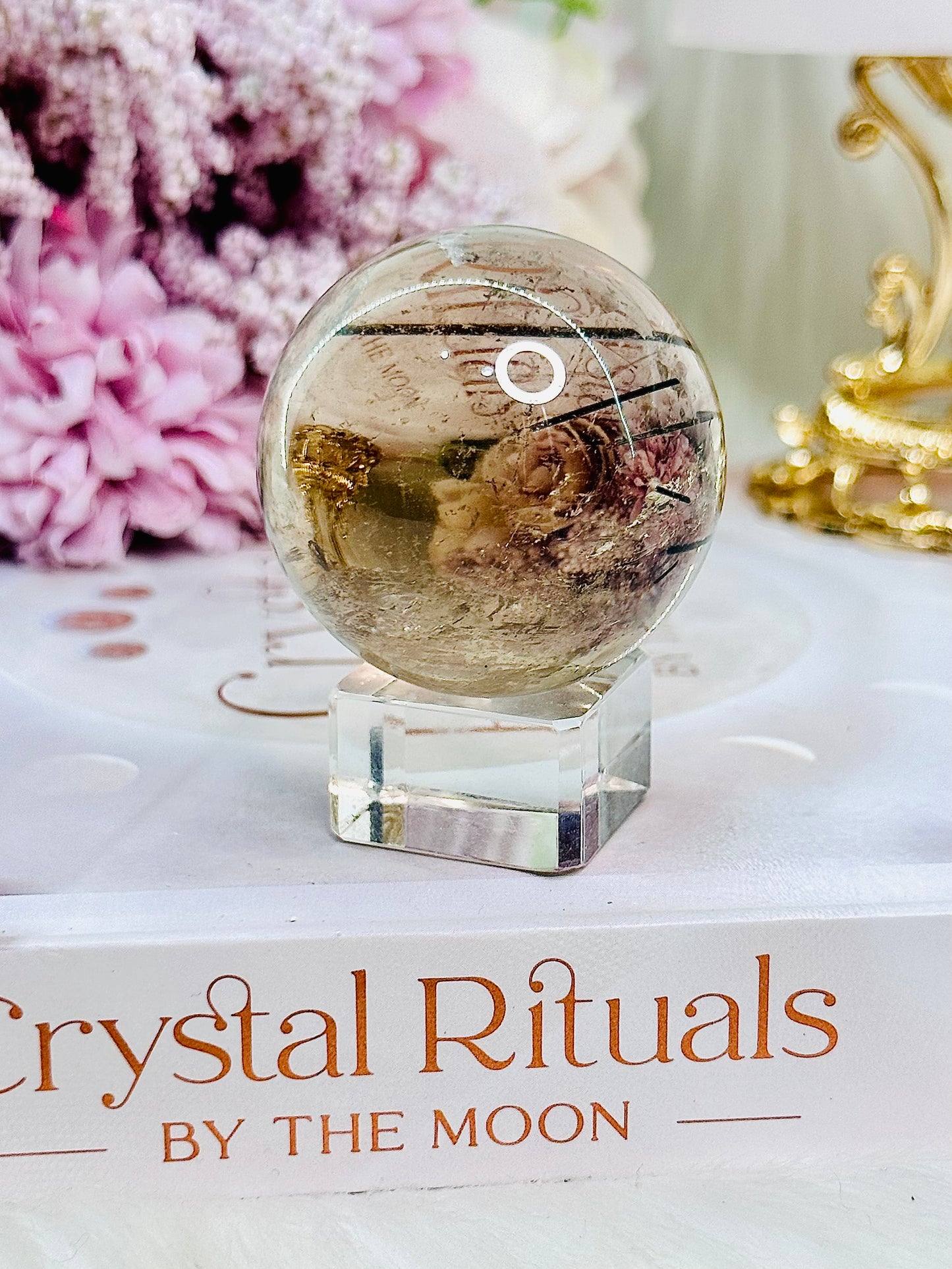 Stunning Small Smokey Quartz Sphere With Gorgeous Rutile Inclusions On Stand