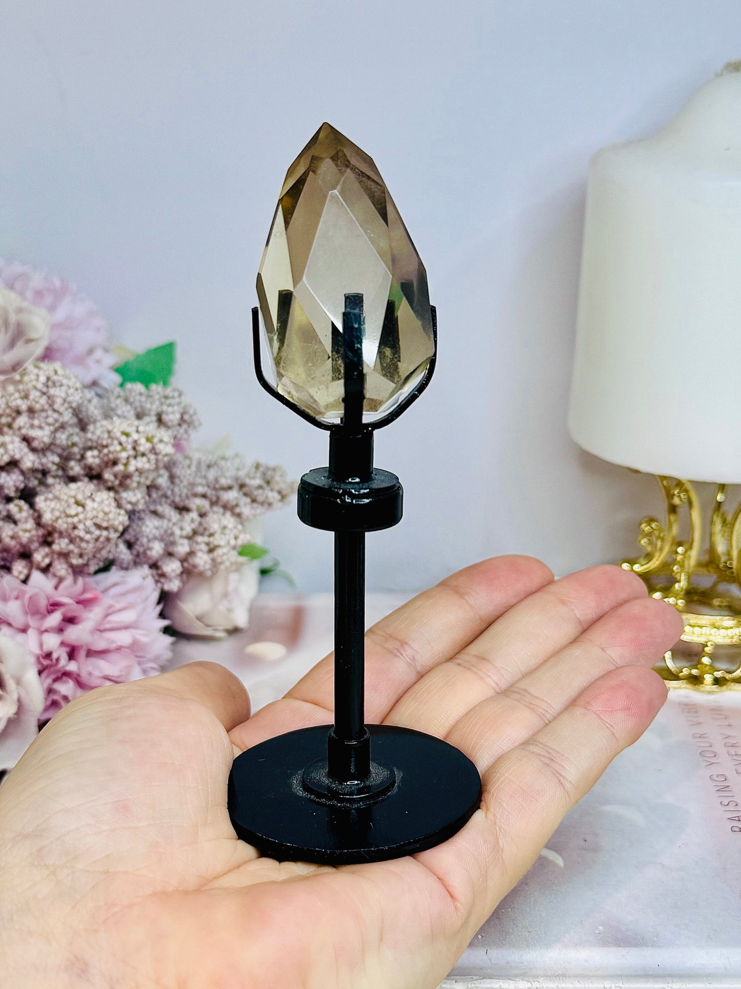 High Grade Smokey Quartz Carved Diamond on Stand