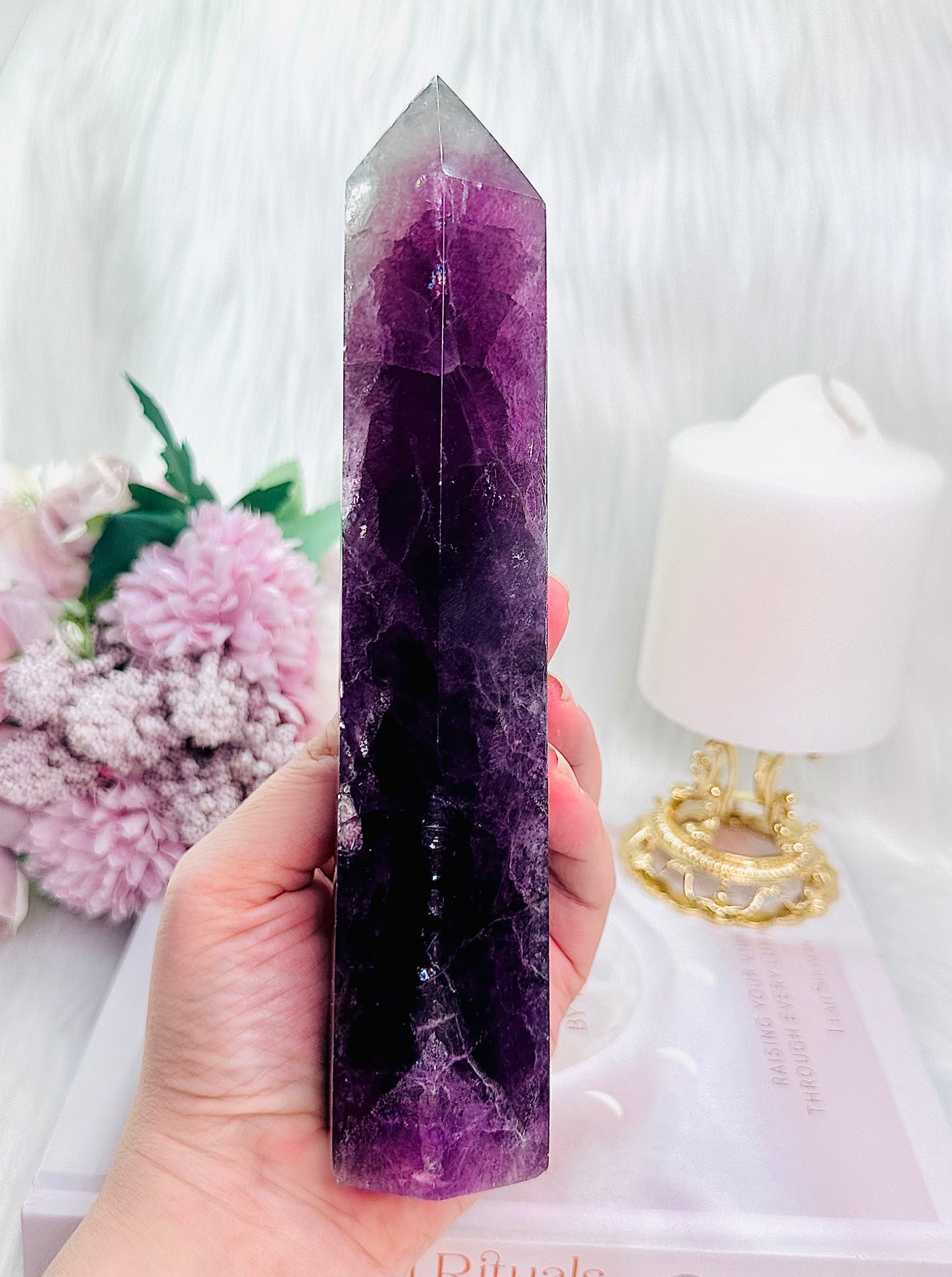 Fabulous Large 20cm Stunning Purple Fluorite Tower with Rainbows (the tower has a slight tilt)