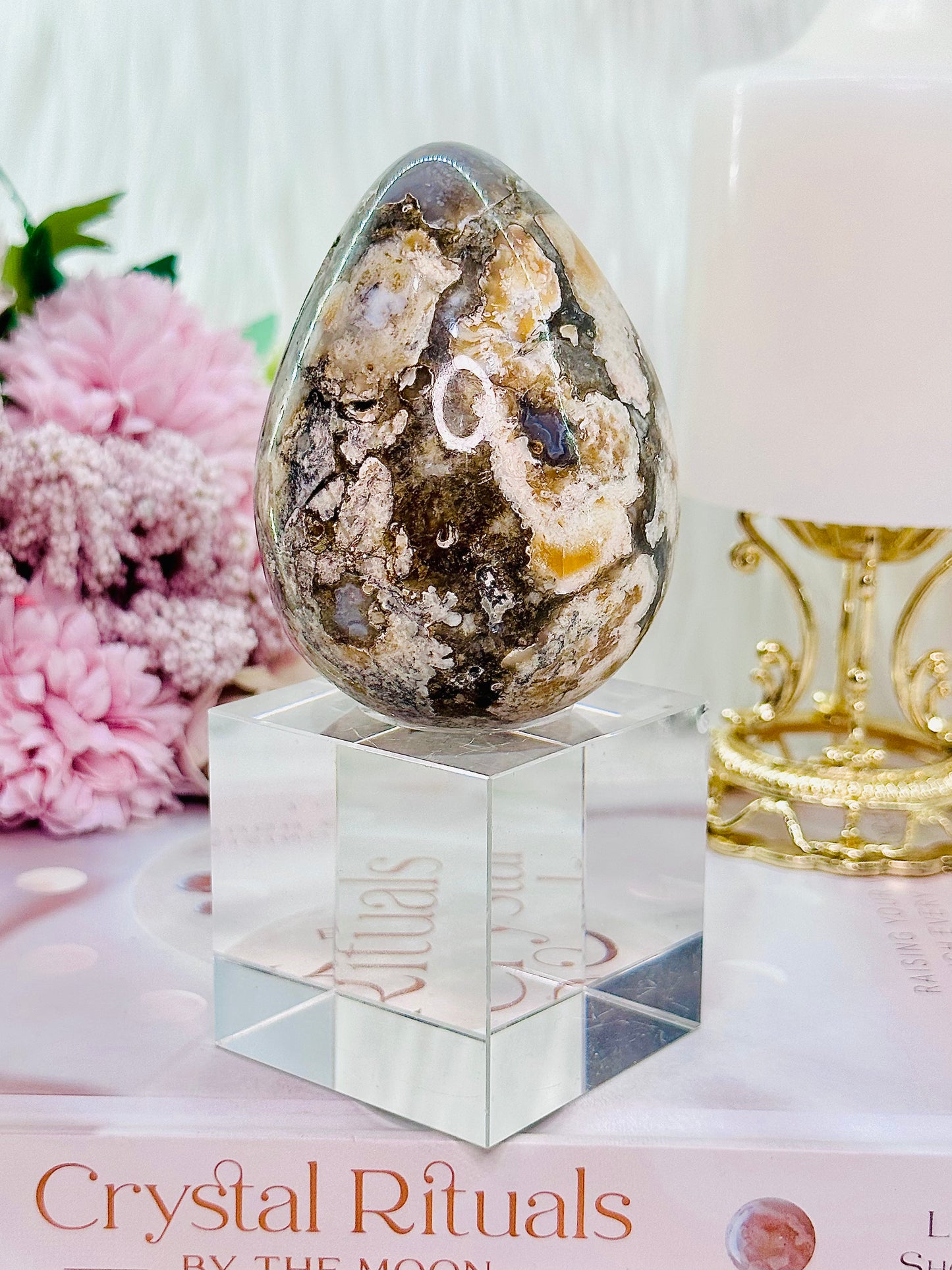 Absolutely Gorgeous Flower Agate Carved Egg 332grams On Stand (Glass stand in pic is display only)