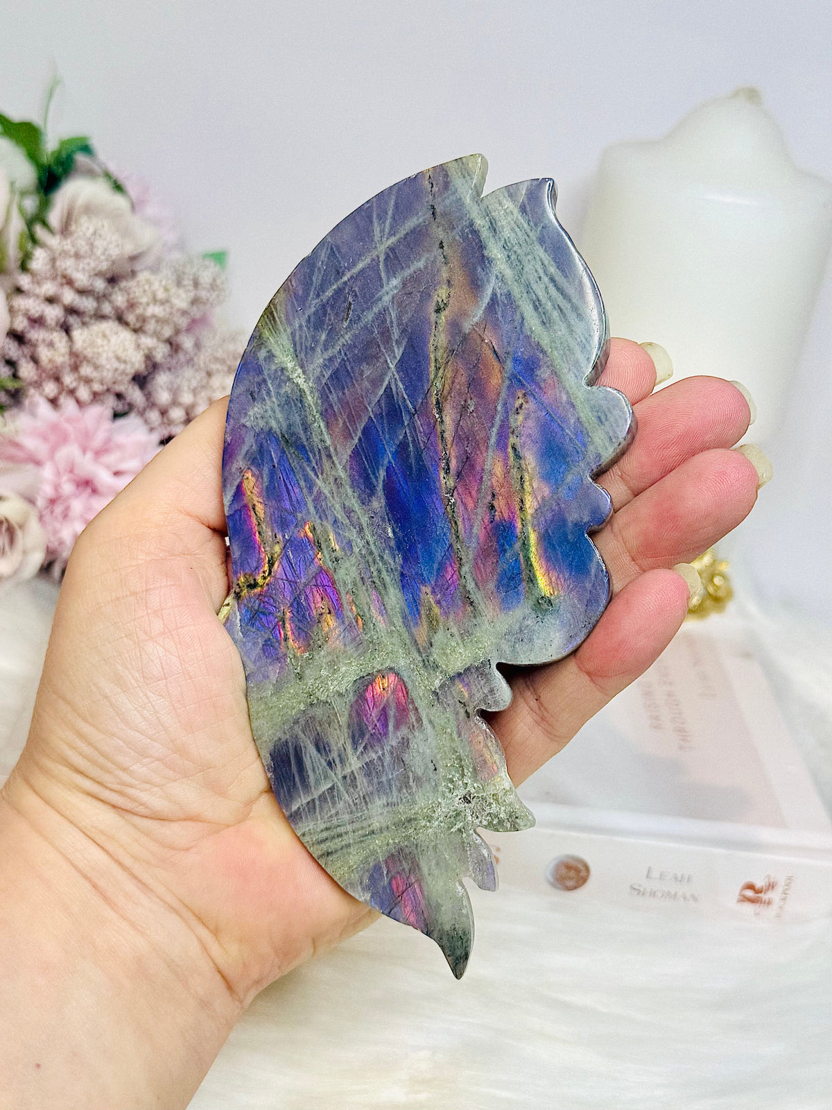 Large Labradorite Butterfly Wings With Purple Flash 21cm Tall
