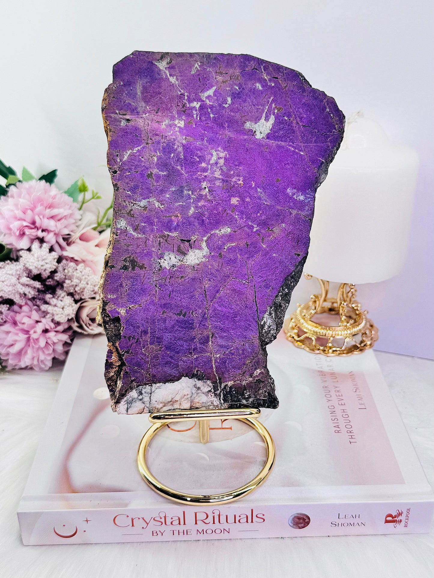 The Stone Of Freedom ~ Incredible Rare Natural Velvet Purpurite Huge Slab On Gold Stand, 22cm (Inc Stand) 683grams