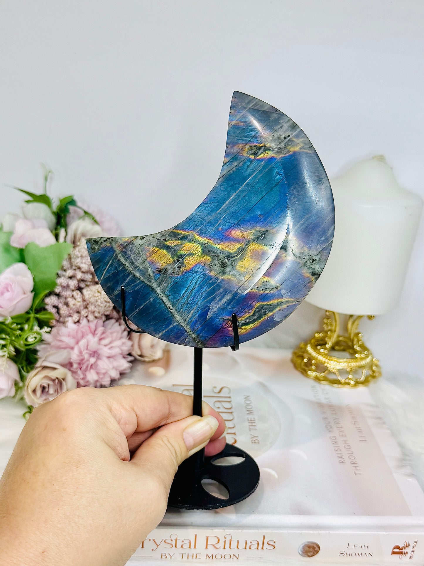High Grade Large Labradorite Carved Moon Full of Flash 19.5cm